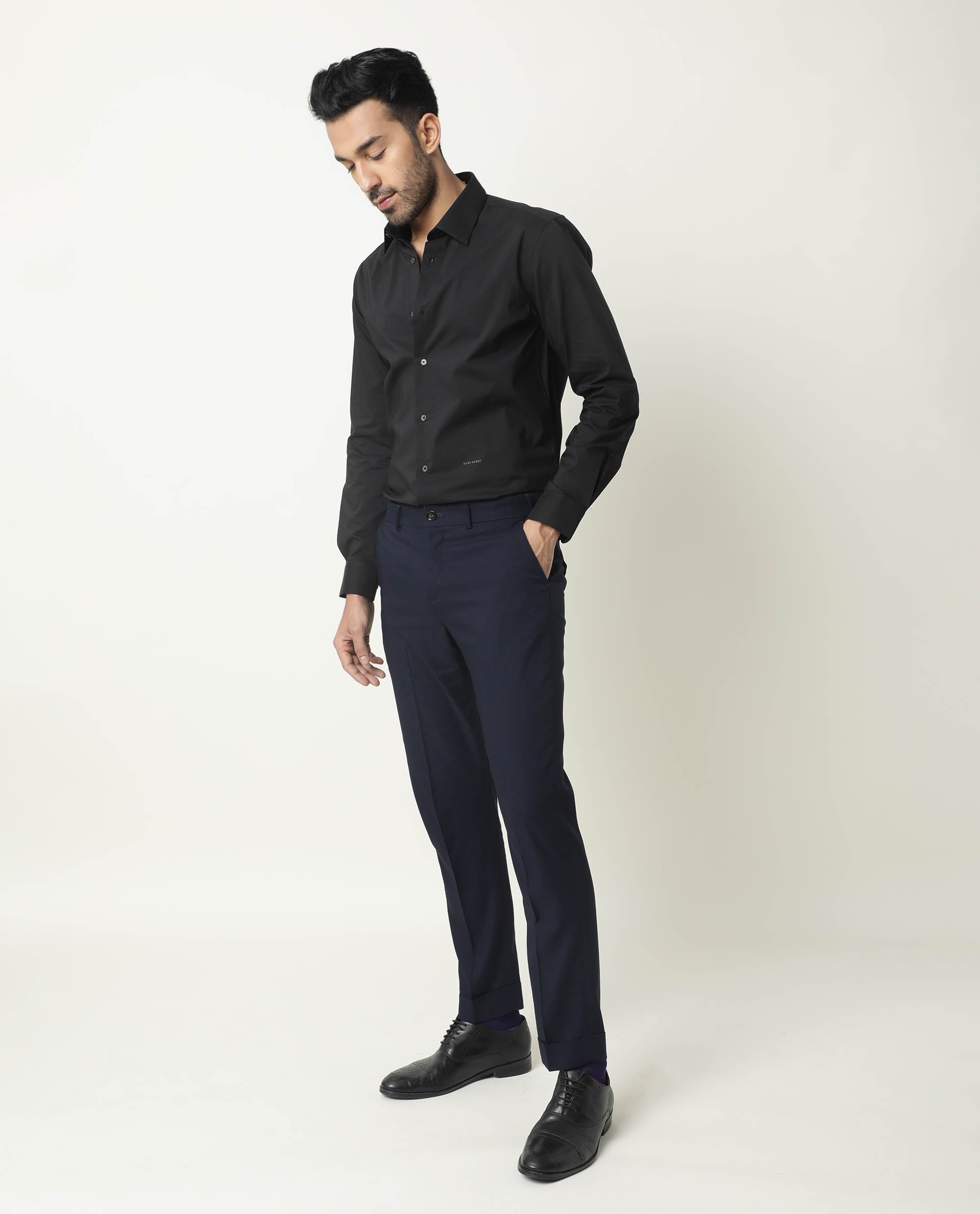 Rare Rabbit Men's Neutro Ls Black Polyester Plain Regular Fit Full Sleeve Collared Shirt