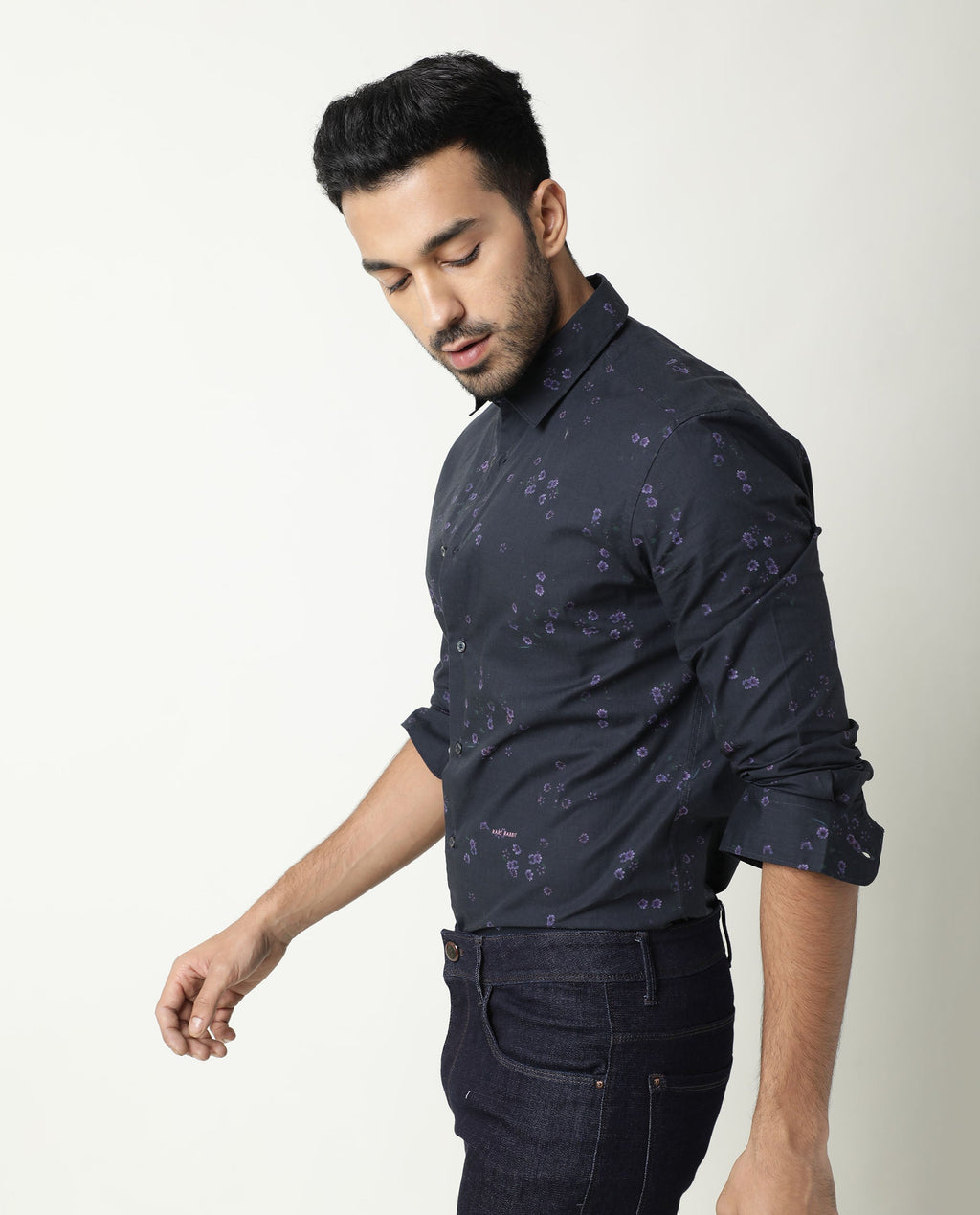 Rare Rabbit Men's Itxy Navy Cotton Graphic Print Regular Fit Full Sleeve Collared Shirt