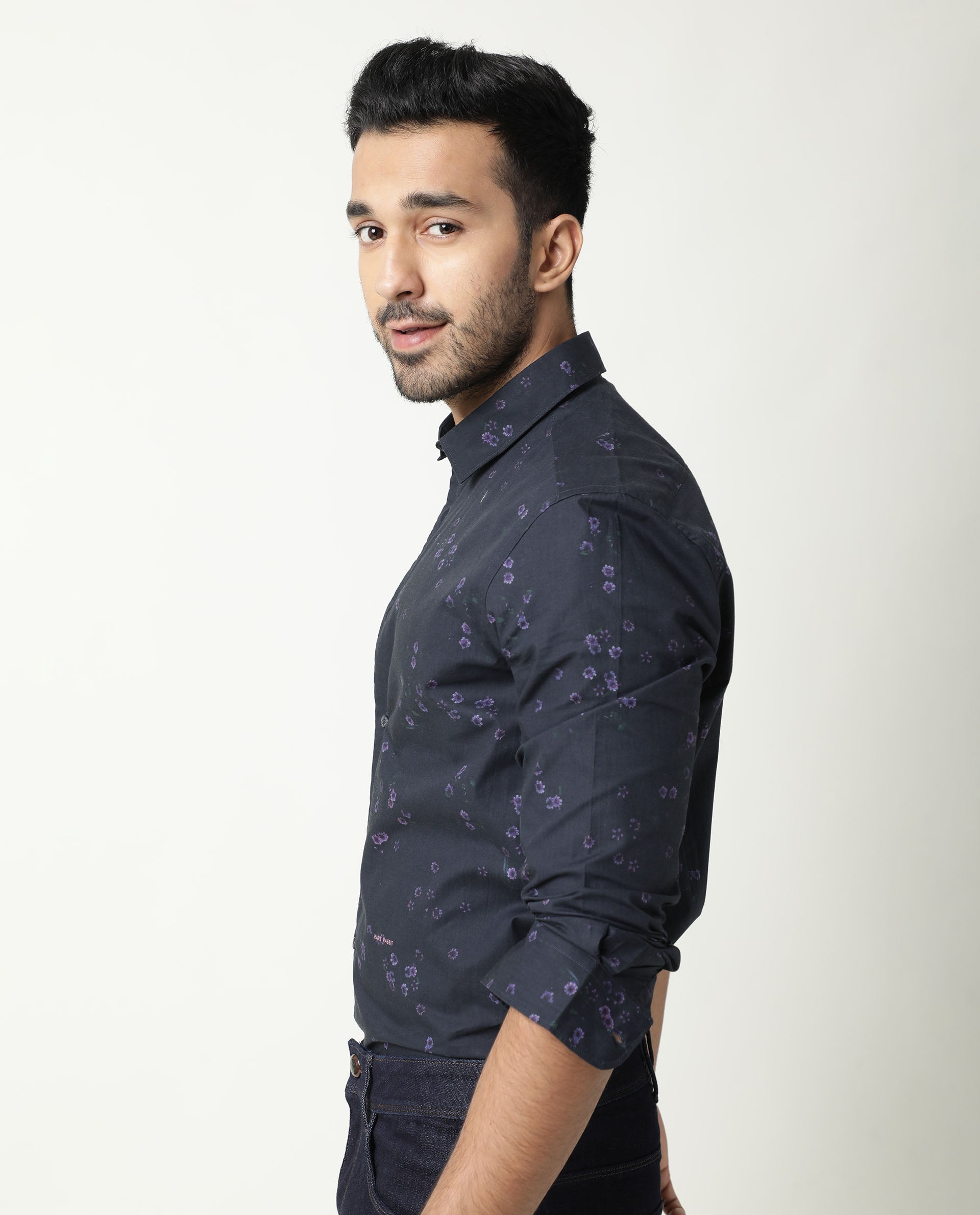 Rare Rabbit Men's Itxy Navy Cotton Graphic Print Regular Fit Full Sleeve Collared Shirt