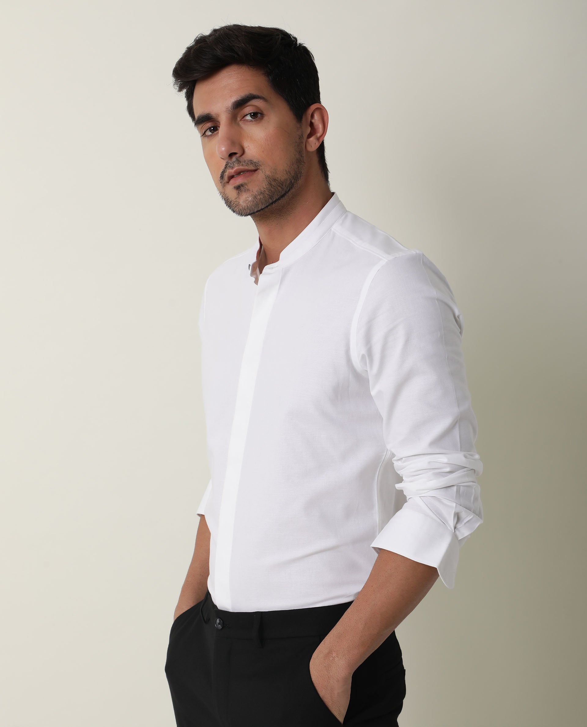 Rare Rabbit Men's Prime White Cotton Plain Regular Fit Full Sleeve Mandarin Collar Shirt