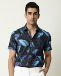 Rare Rabbit Men's Grower Navy Viscose Tropical Print Regular Fit Half Sleeve Spread Collar Shirt