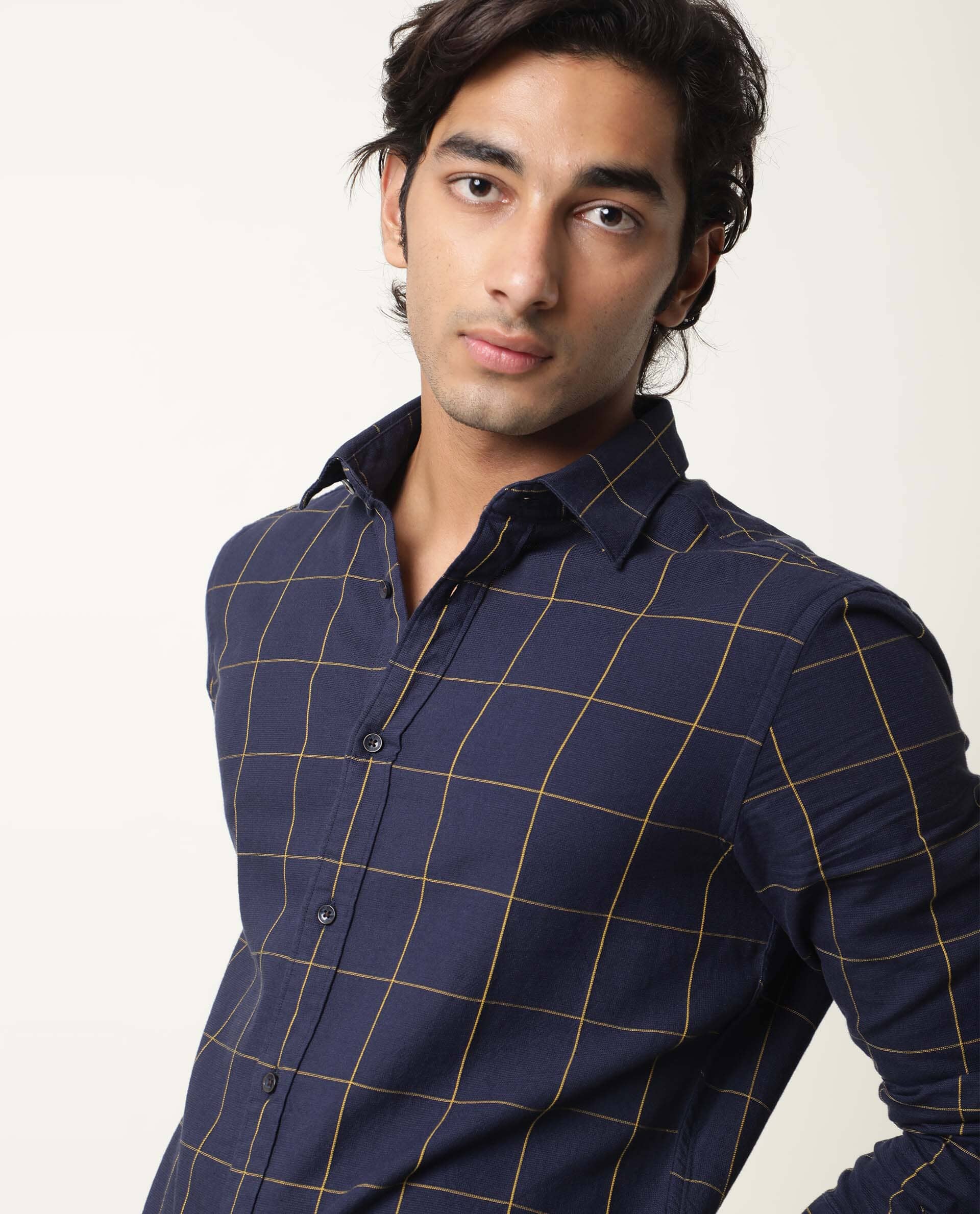 Rare Rabbit Men's Corneto Navy Cotton Checked Print Regular Fit Full Sleeve Collared Shirt