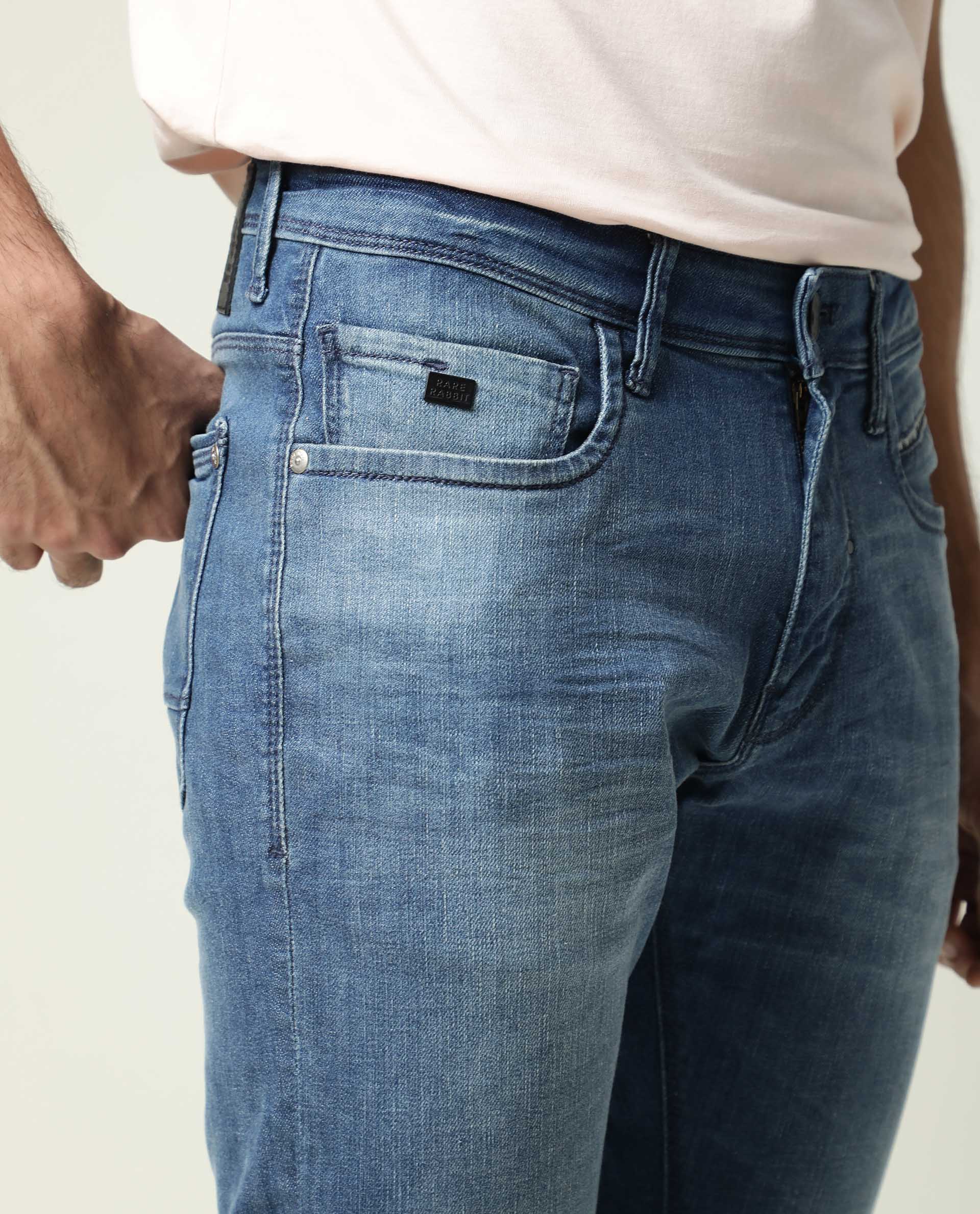 Rare Rabbit Men's Matt-2 Blue Cotton Plain Hawk Slim Fit Jeans