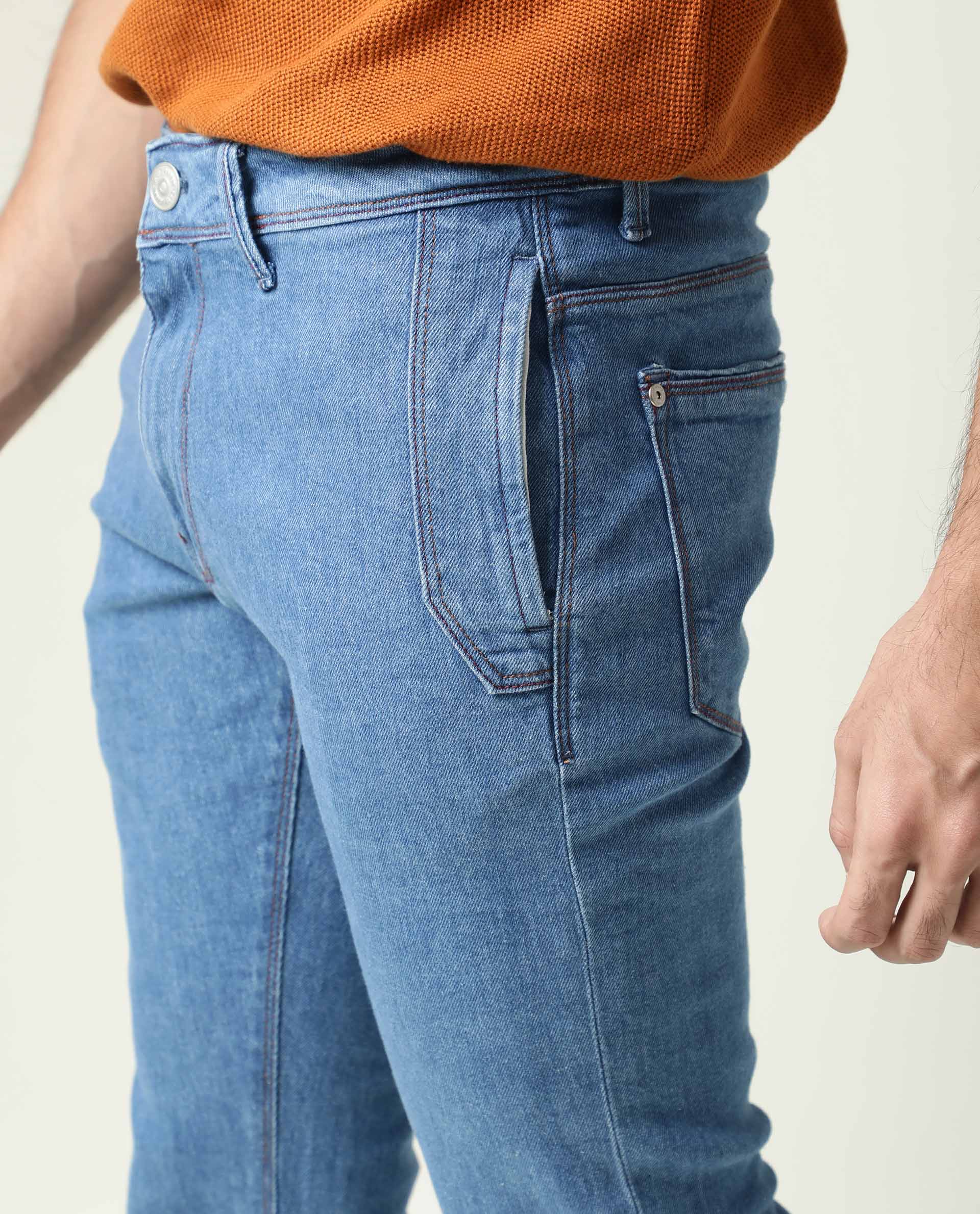 Rare Rabbit Men's Midtas Blue Cotton Plain Hawk Slim Fit Jeans