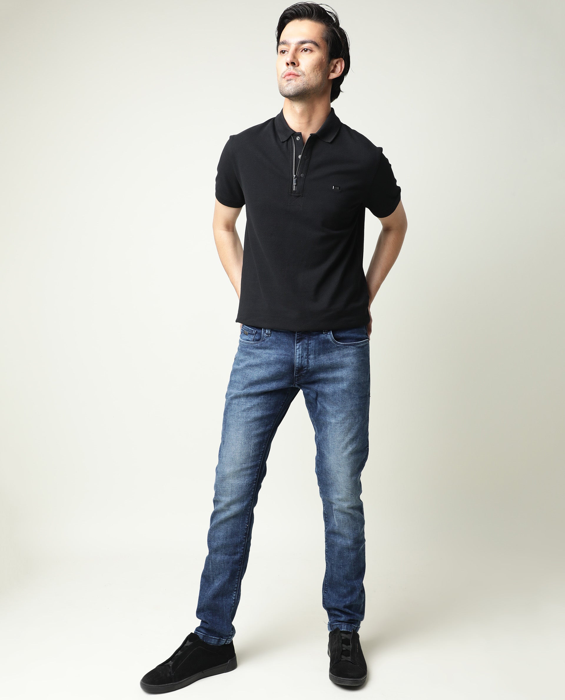 Rare Rabbit Men's Cube Blue Cotton Plain Hawk Slim Fit Jeans
