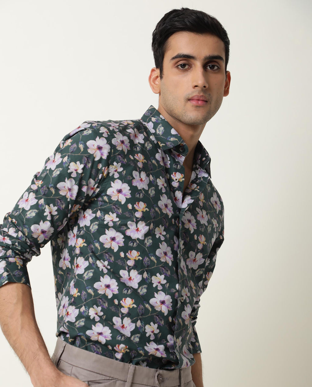 Rare Rabbit Men's Paintt Green Cotton Floral Print Regular Fit Full Sleeve Collared Shirt