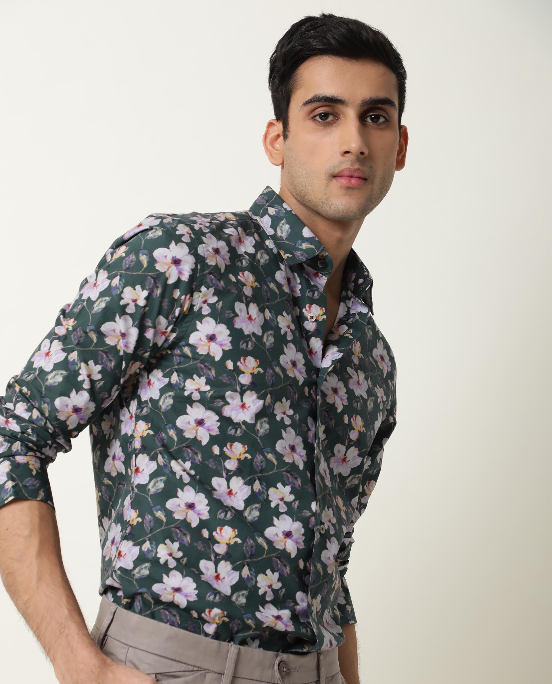 Rare Rabbit Men's Paintt Green Cotton Floral Print Regular Fit Full Sleeve Collared Shirt