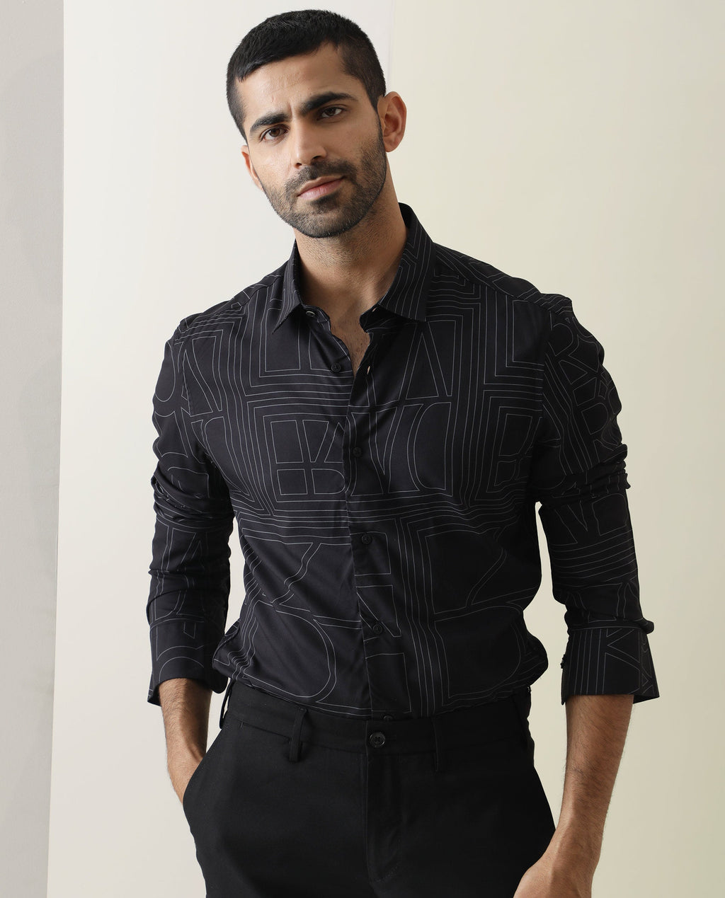 Rare Rabbit Men's Malfor Black Viscose Statement Print Regular Fit Full Sleeve Collared Shirt