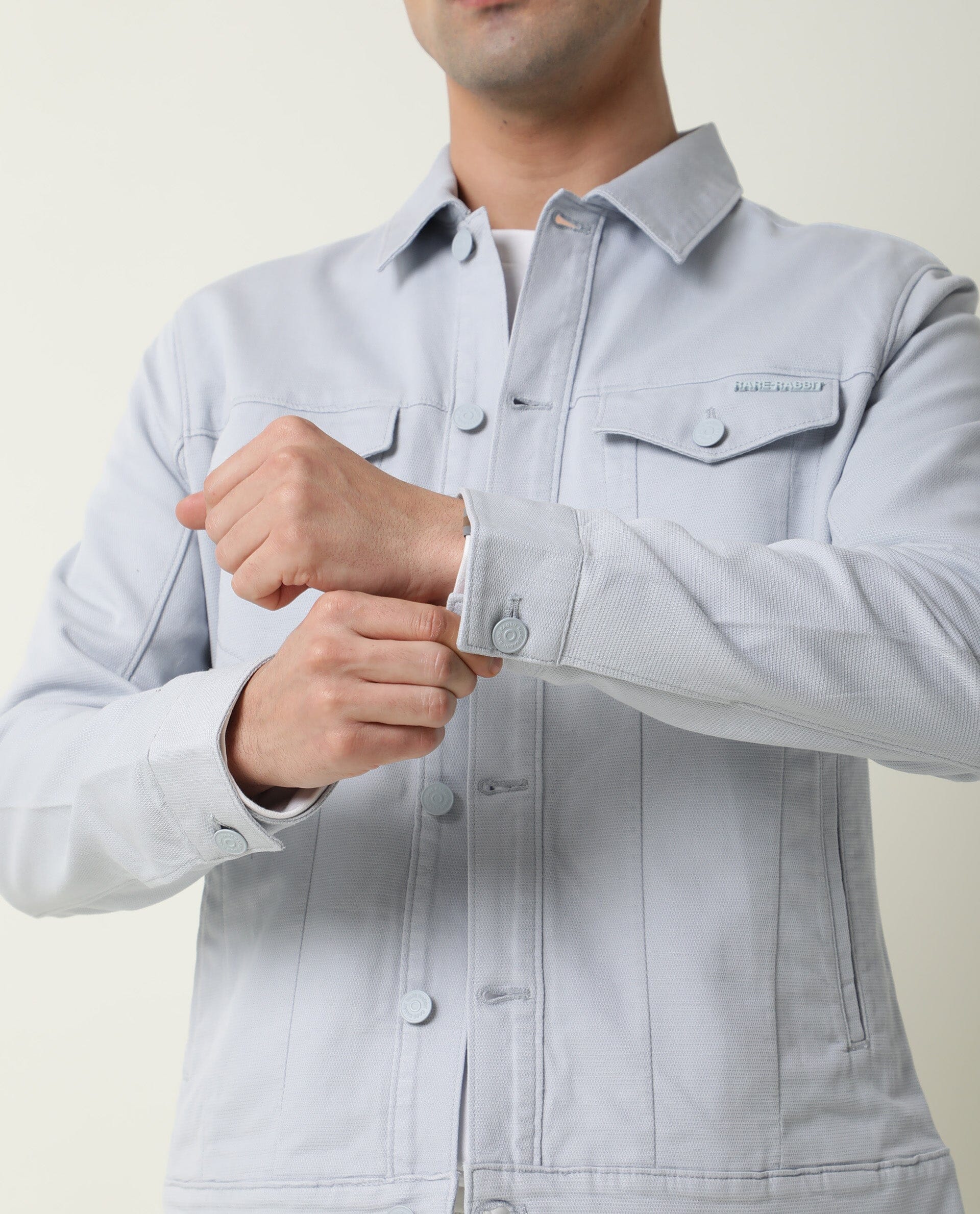 Rare Rabbit Men's Vintage Blue Cotton Plain Regular Fit Full Sleeve Spread Collar Jacket