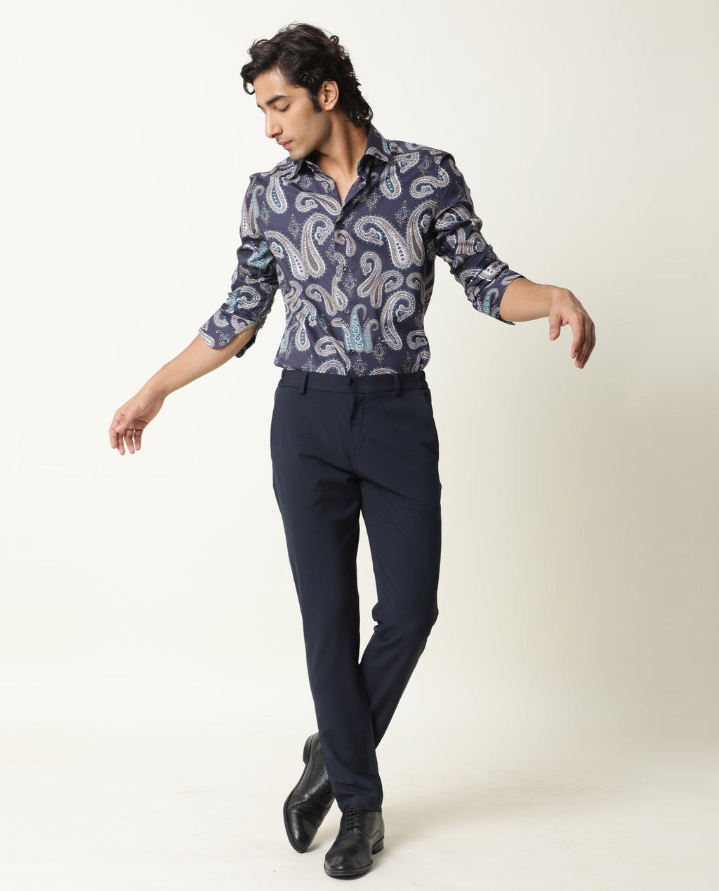 Rare Rabbit Men's Pazzo Navy Cotton Paisley Print Tailored Fit Full Sleeve Spread Collar Shirt
