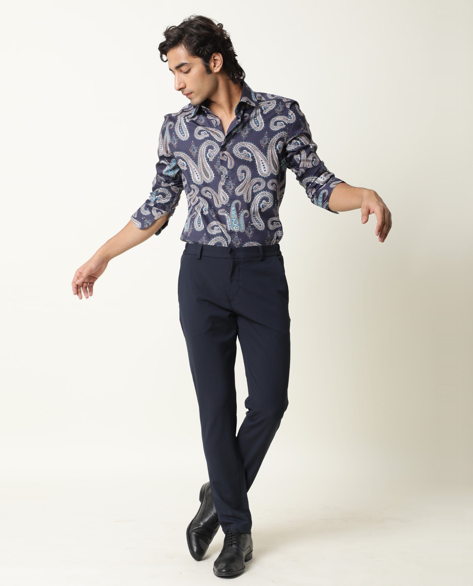 Rare Rabbit Men's Pazzo Navy Cotton Paisley Print Tailored Fit Full Sleeve Spread Collar Shirt