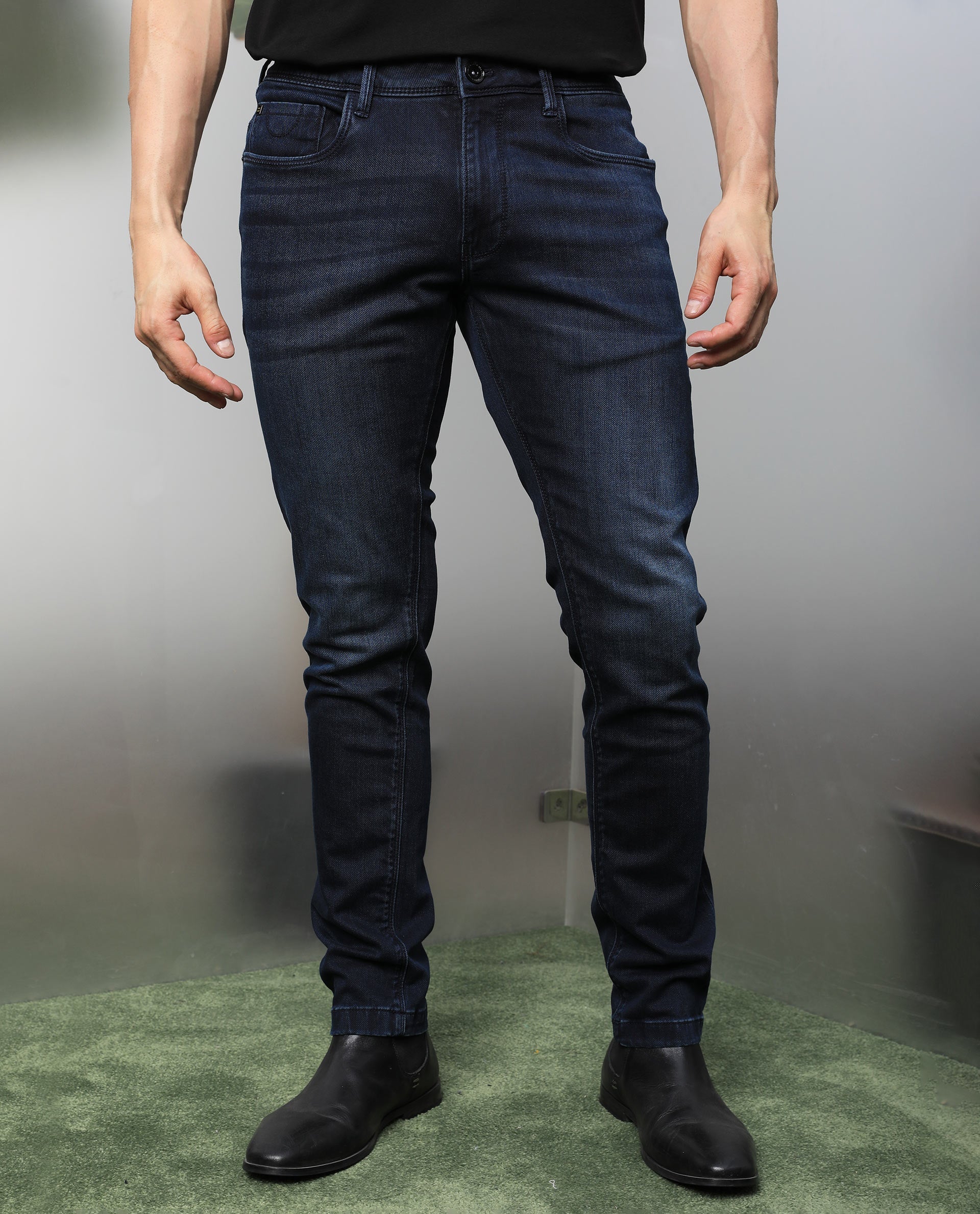 Rare Rabbit Men's Chevillon Dark Navy Cotton Plain Hawk Slim Fit Jeans