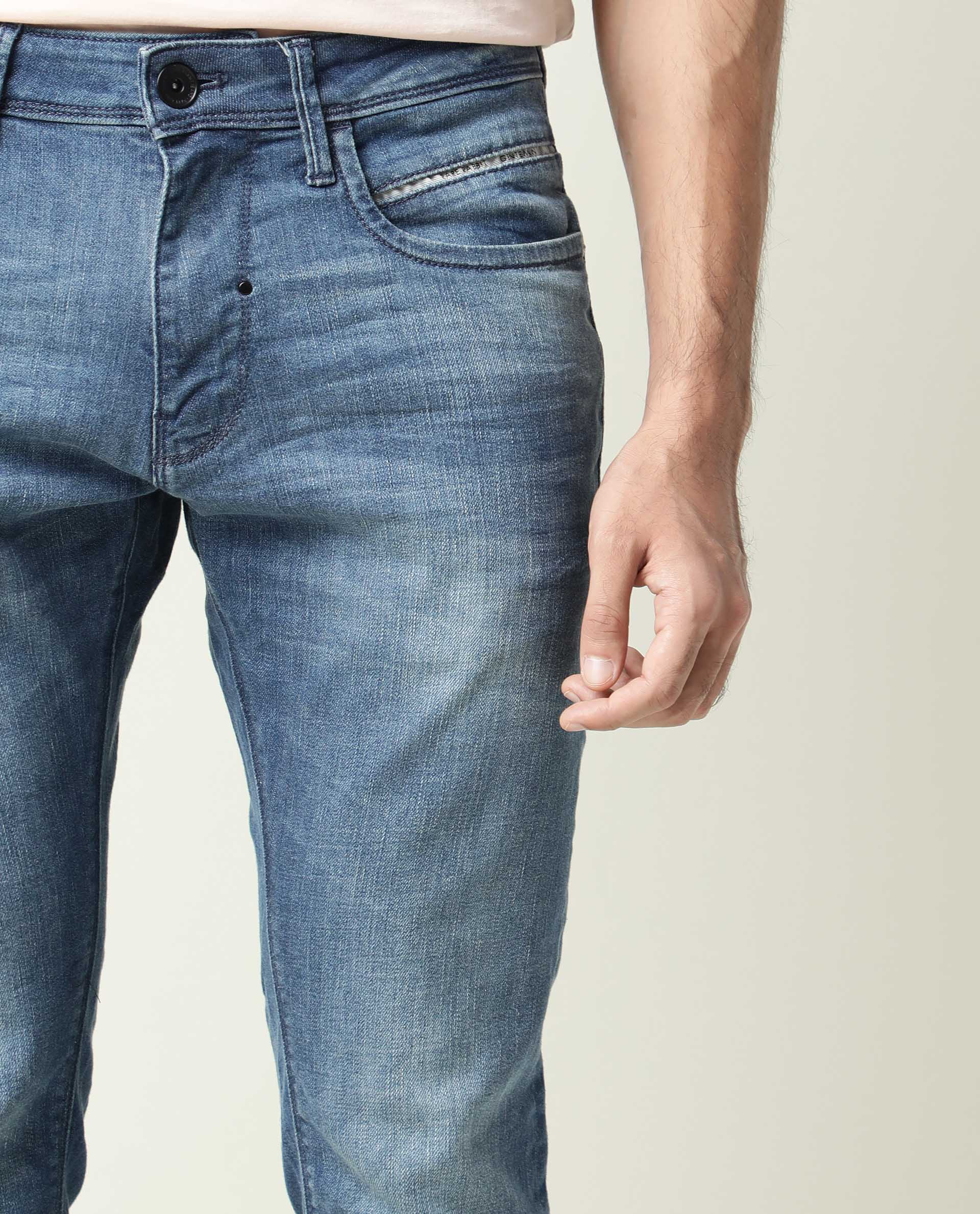 Rare Rabbit Men's Matt-2 Blue Cotton Plain Hawk Slim Fit Jeans