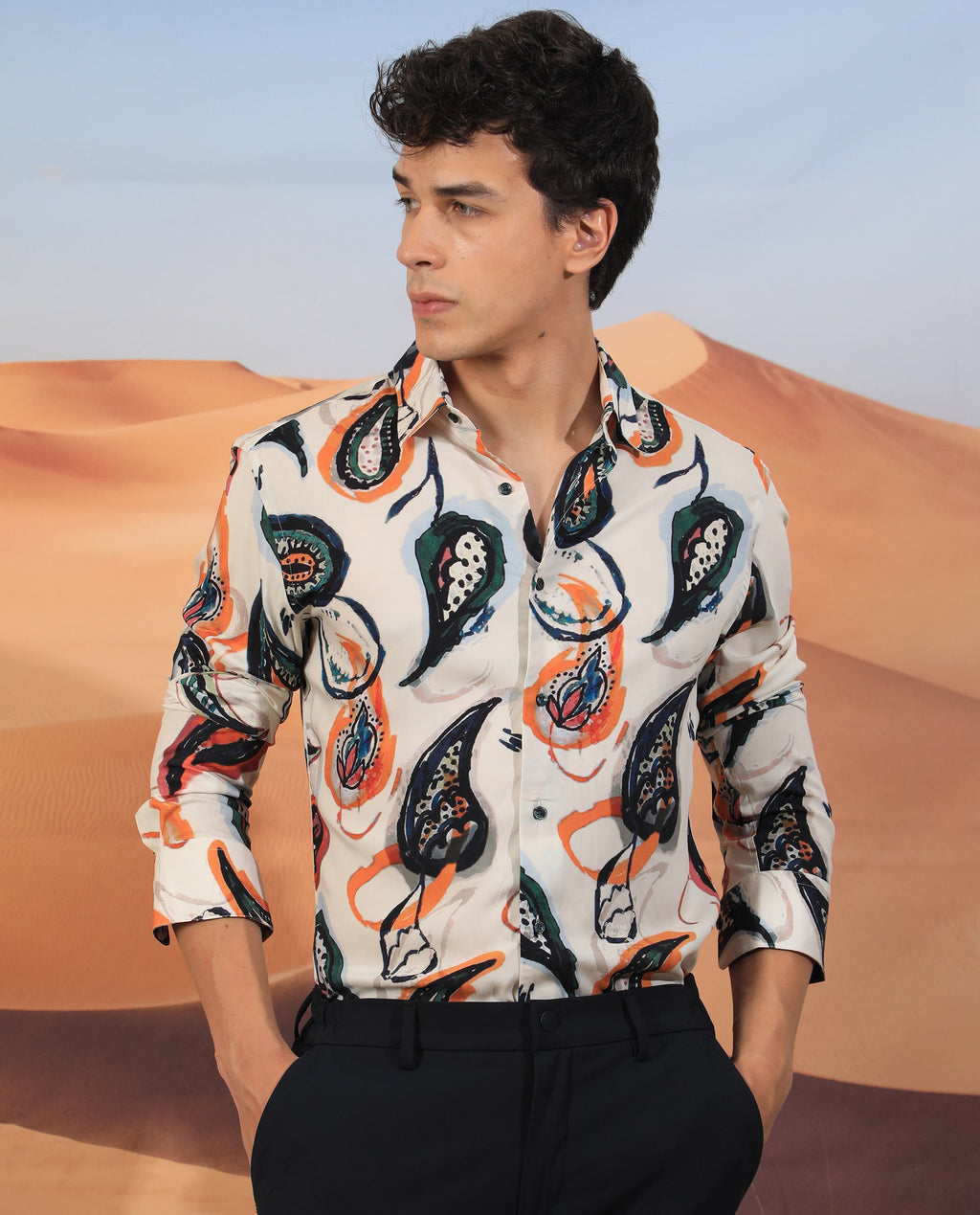 Rare Rabbit Men's Ivys Ls Beige Viscose Paisley Print Regular Fit Full Sleeve Collared Shirt