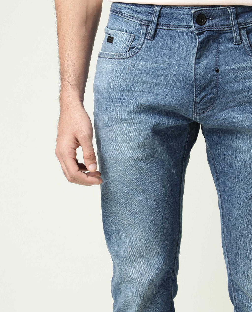 Rare Rabbit Men's Matt-2 Blue Cotton Plain Hawk Slim Fit Jeans