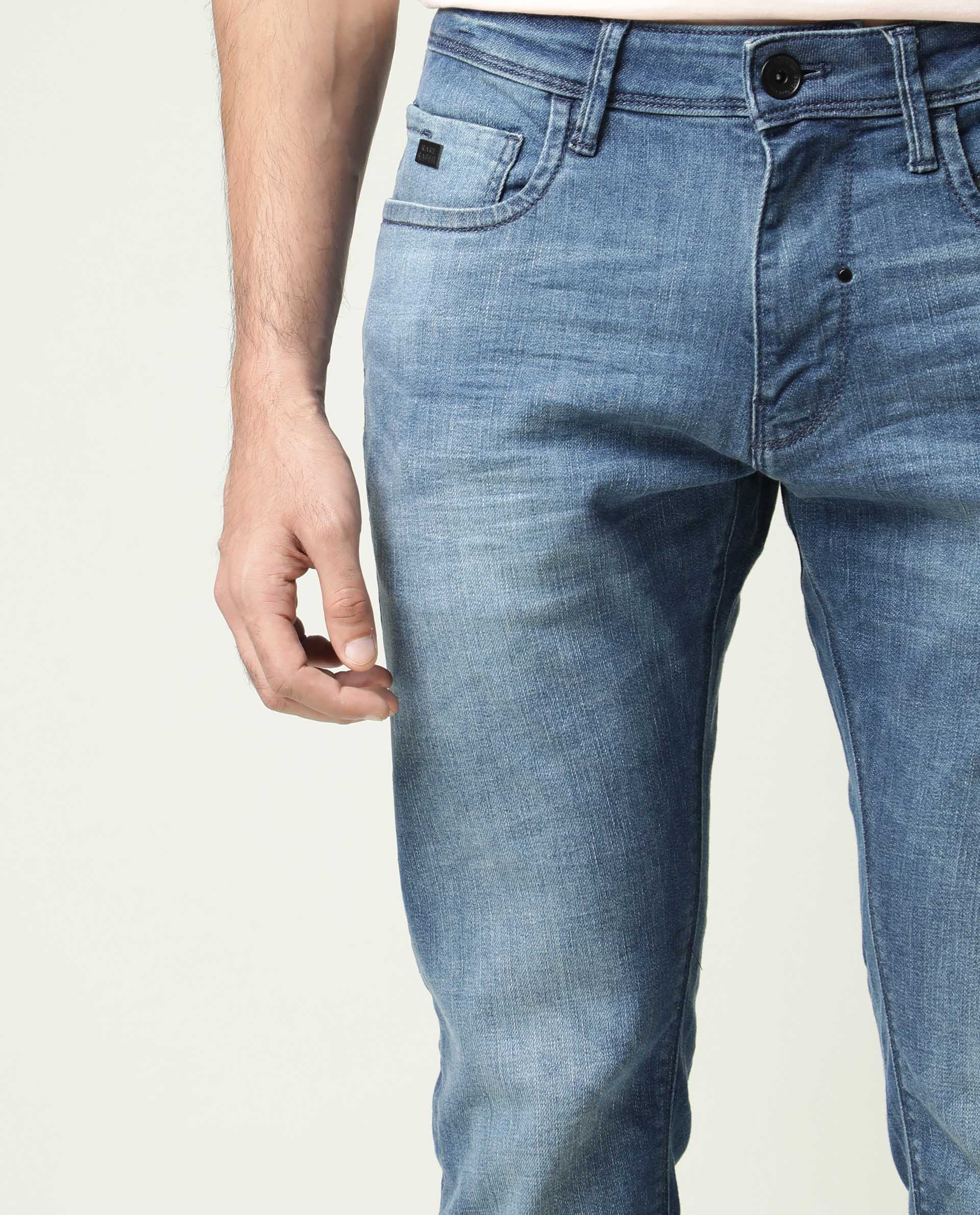 Rare Rabbit Men's Matt-2 Blue Cotton Plain Hawk Slim Fit Jeans