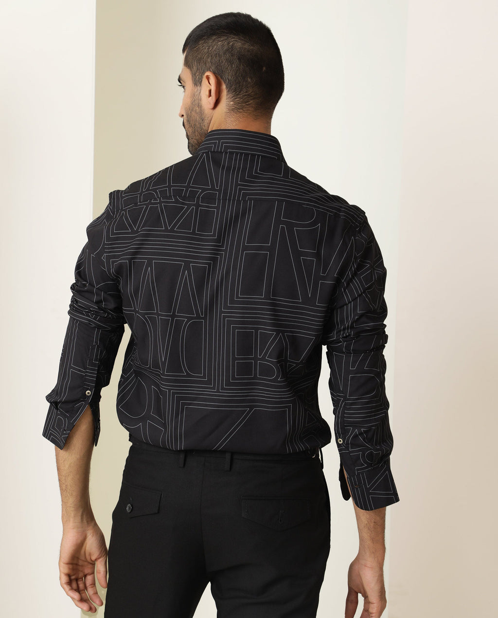 Rare Rabbit Men's Malfor Black Viscose Statement Print Regular Fit Full Sleeve Collared Shirt