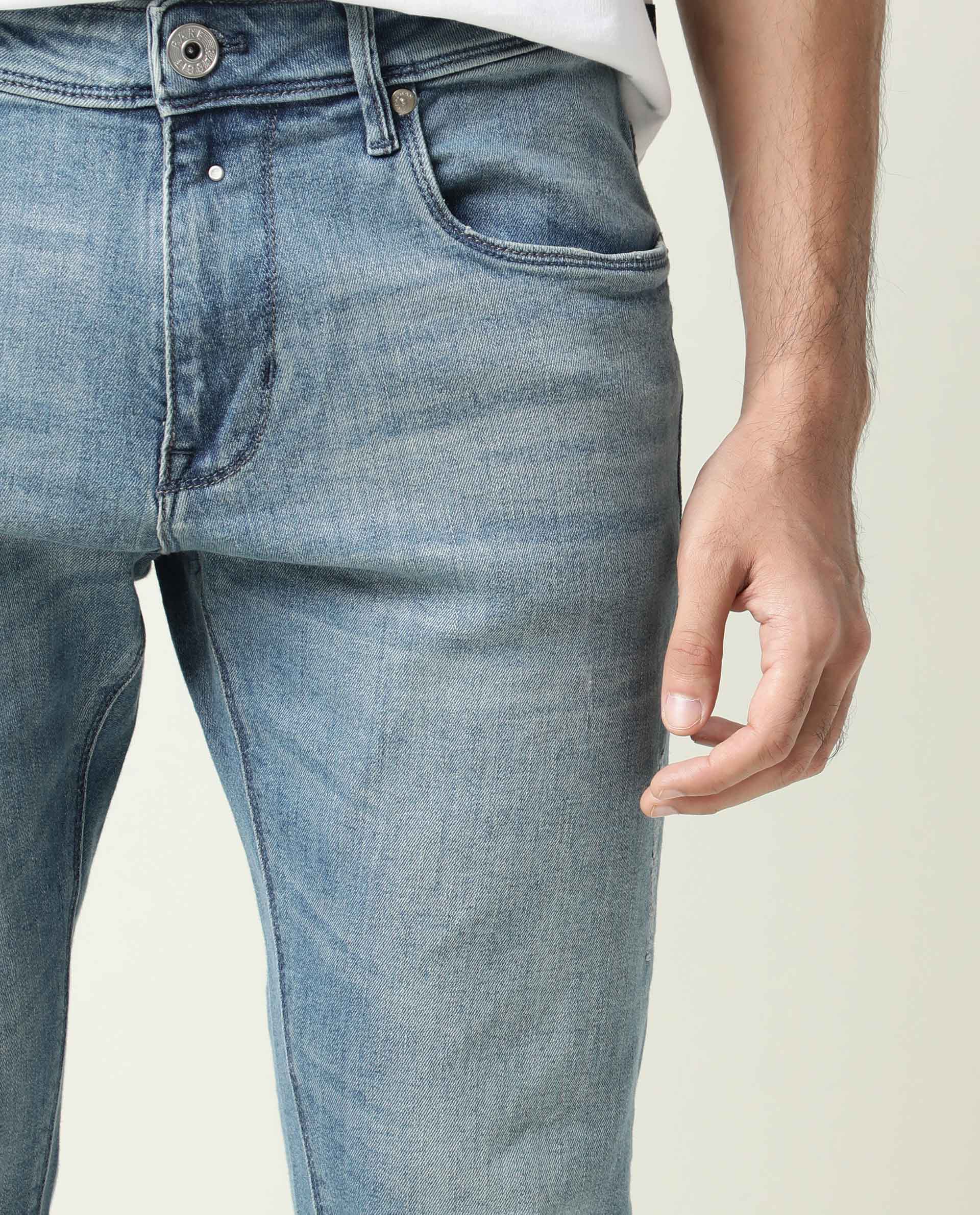 Rare Rabbit Men's Rug-2 Light Blue Cotton Plain Hawk Slim Fit Jeans