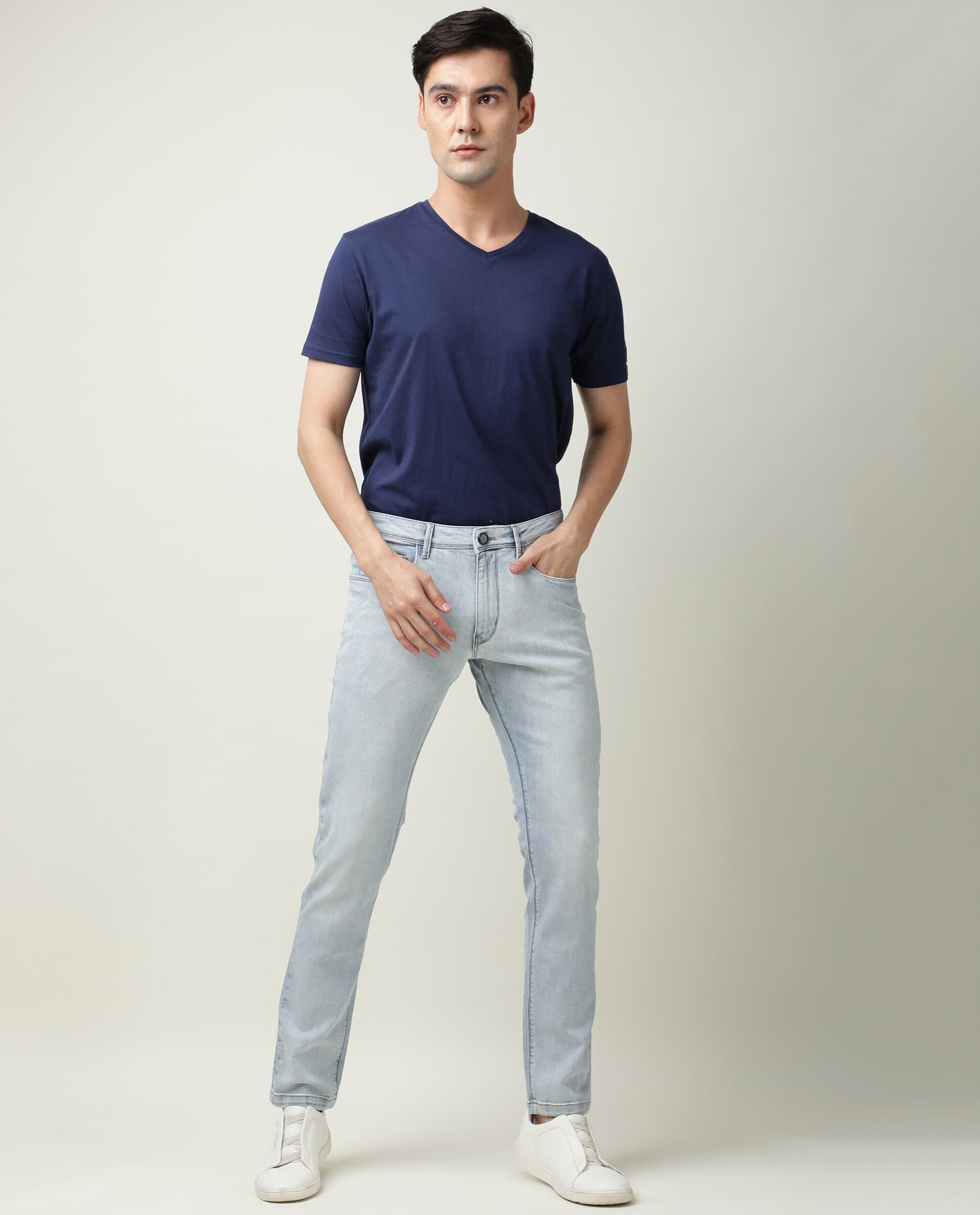 Rare Rabbit Men's Dallas Blue Cotton Plain Hawk Slim Fit Jeans