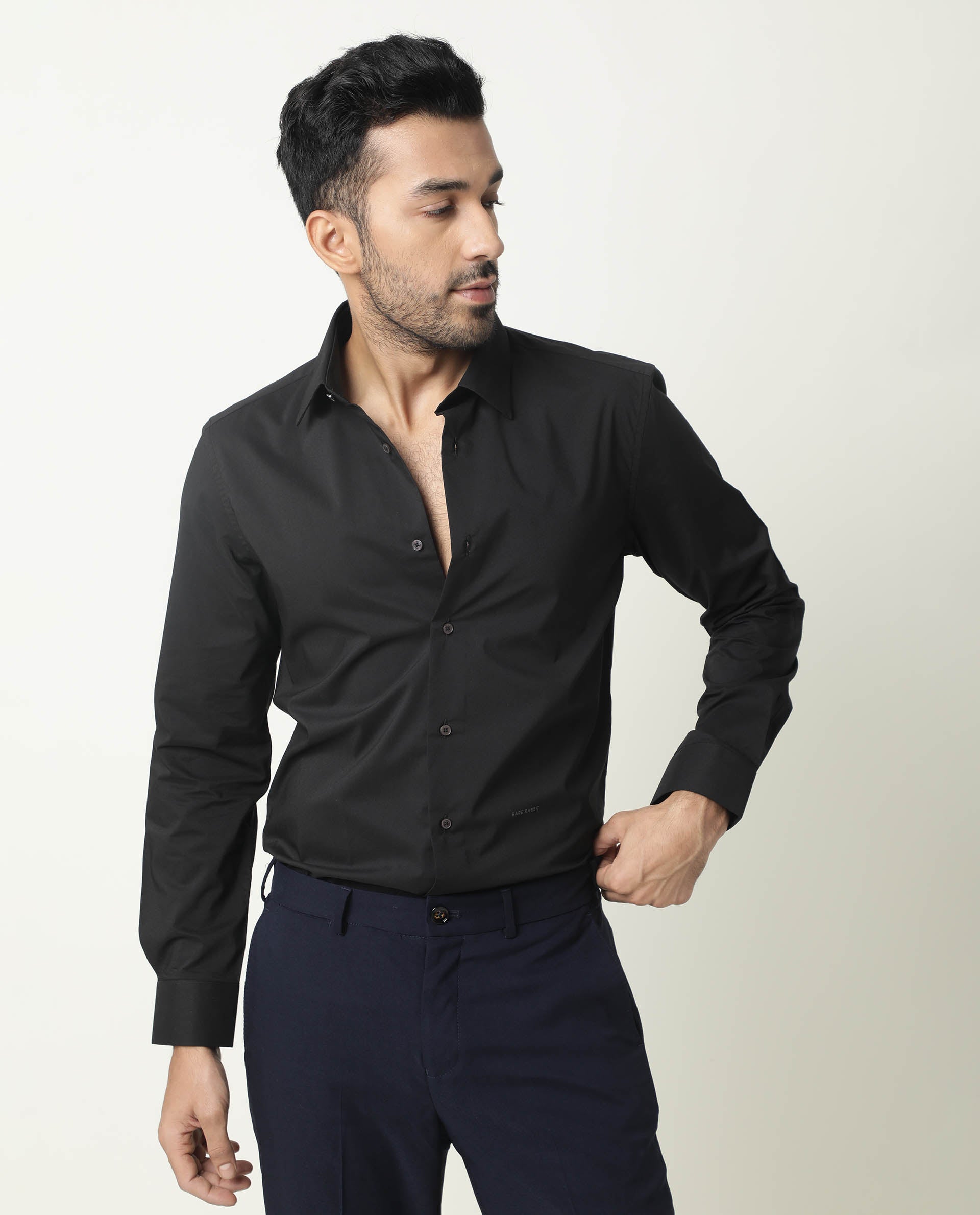 Rare Rabbit Men's Neutro Ls Black Polyester Plain Regular Fit Full Sleeve Collared Shirt