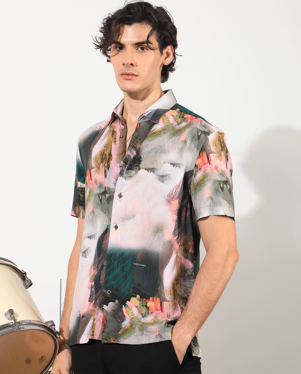 Rare Rabbit Men's Painter Green Viscose Abstract Print Regular Fit Half Sleeve Collared Shirt