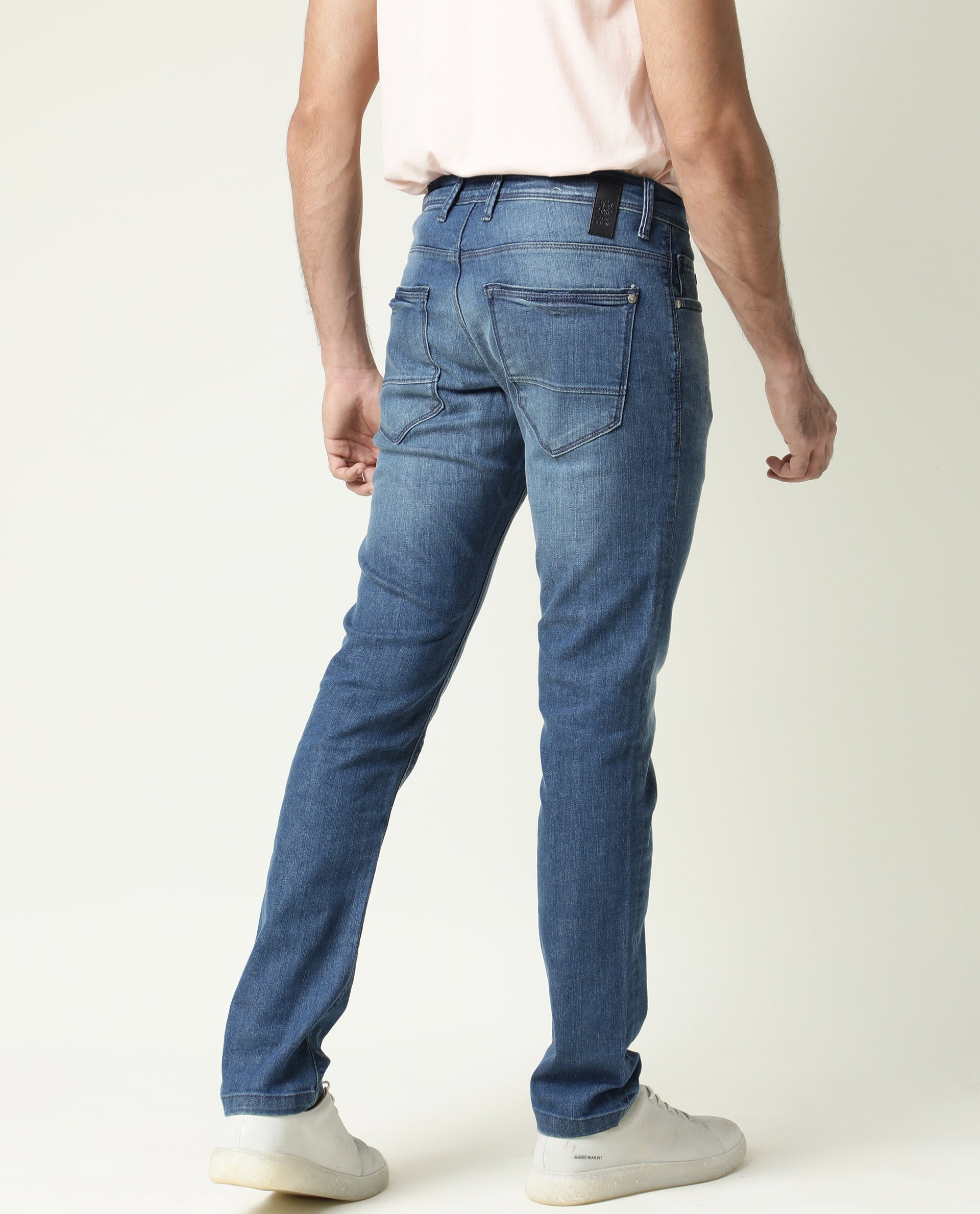 Rare Rabbit Men's Matt-2 Blue Cotton Plain Hawk Slim Fit Jeans
