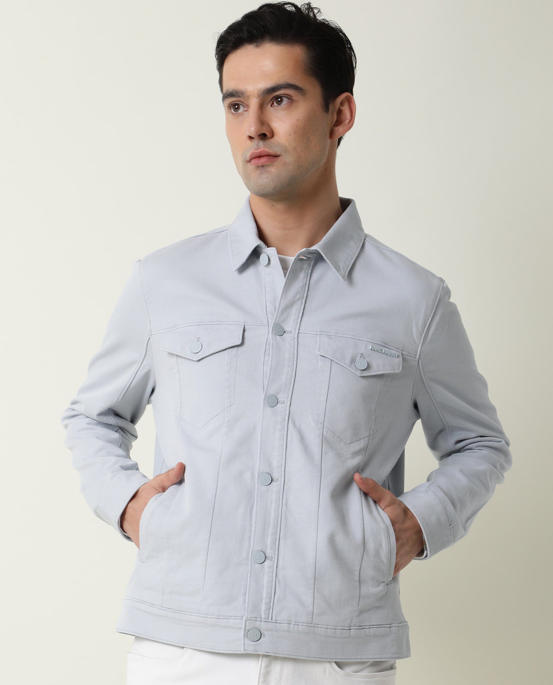 Rare Rabbit Men's Vintage Blue Cotton Plain Regular Fit Full Sleeve Spread Collar Jacket