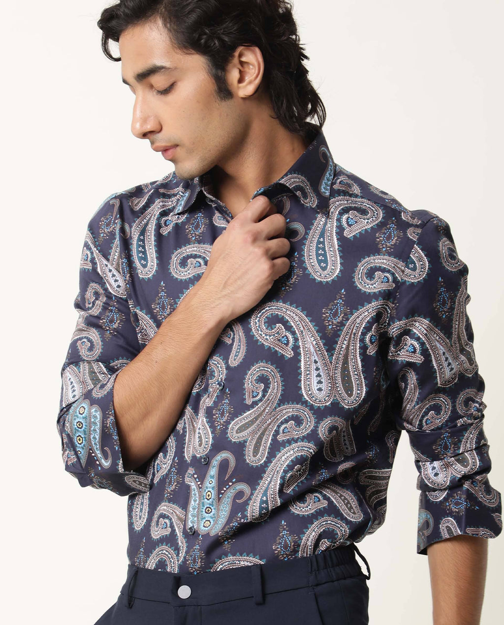 Rare Rabbit Men's Pazzo Navy Cotton Paisley Print Tailored Fit Full Sleeve Spread Collar Shirt