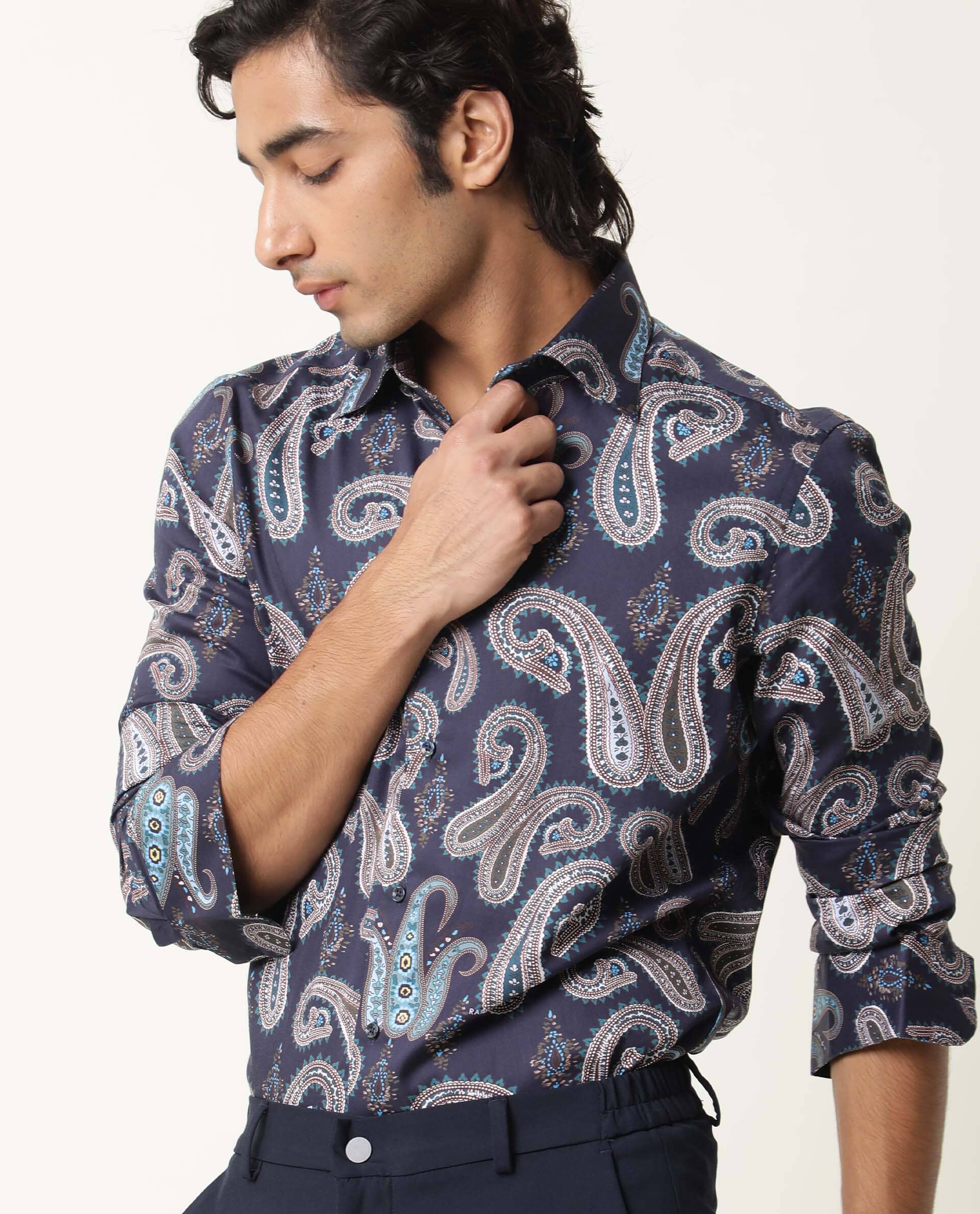 Rare Rabbit Men's Pazzo Navy Cotton Paisley Print Tailored Fit Full Sleeve Spread Collar Shirt