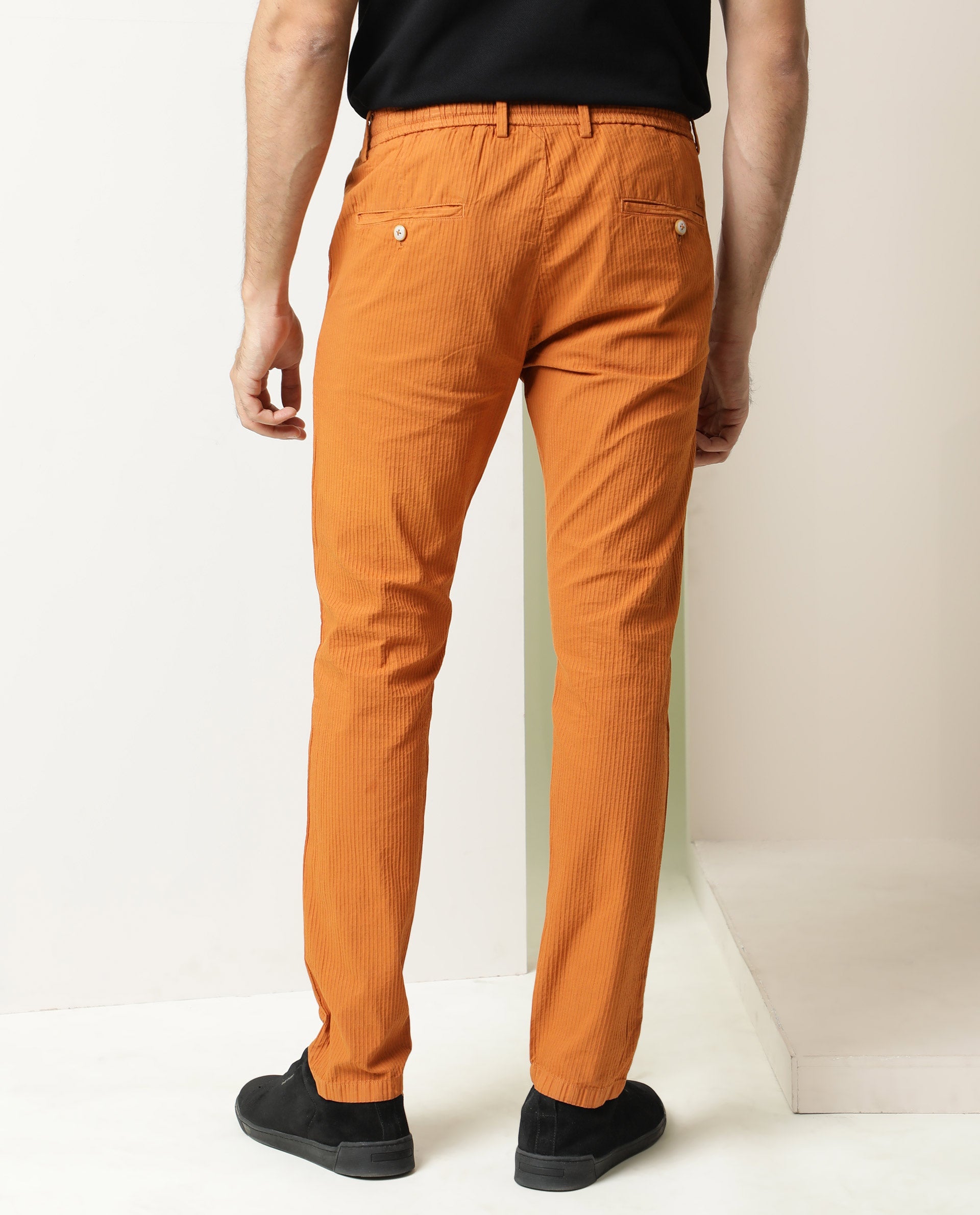 Rare Rabbit Men's Monter Orange Cotton Striped Print Regular Fit Trouser