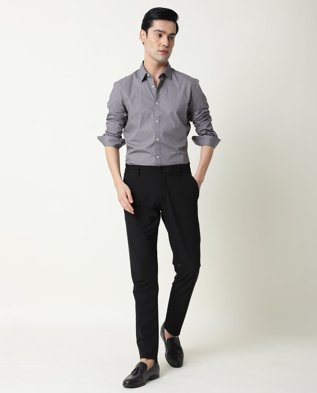 Rare Rabbit Men's Corpo-Zander Grey Cotton Regular Fit Full Sleeve Spread Collar Shirt
