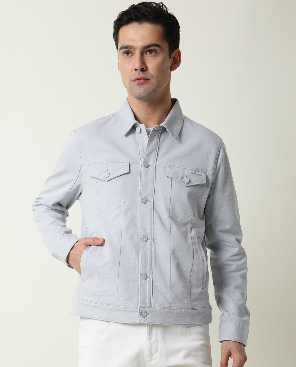 Rare Rabbit Men's Vintage Blue Cotton Plain Regular Fit Full Sleeve Spread Collar Jacket