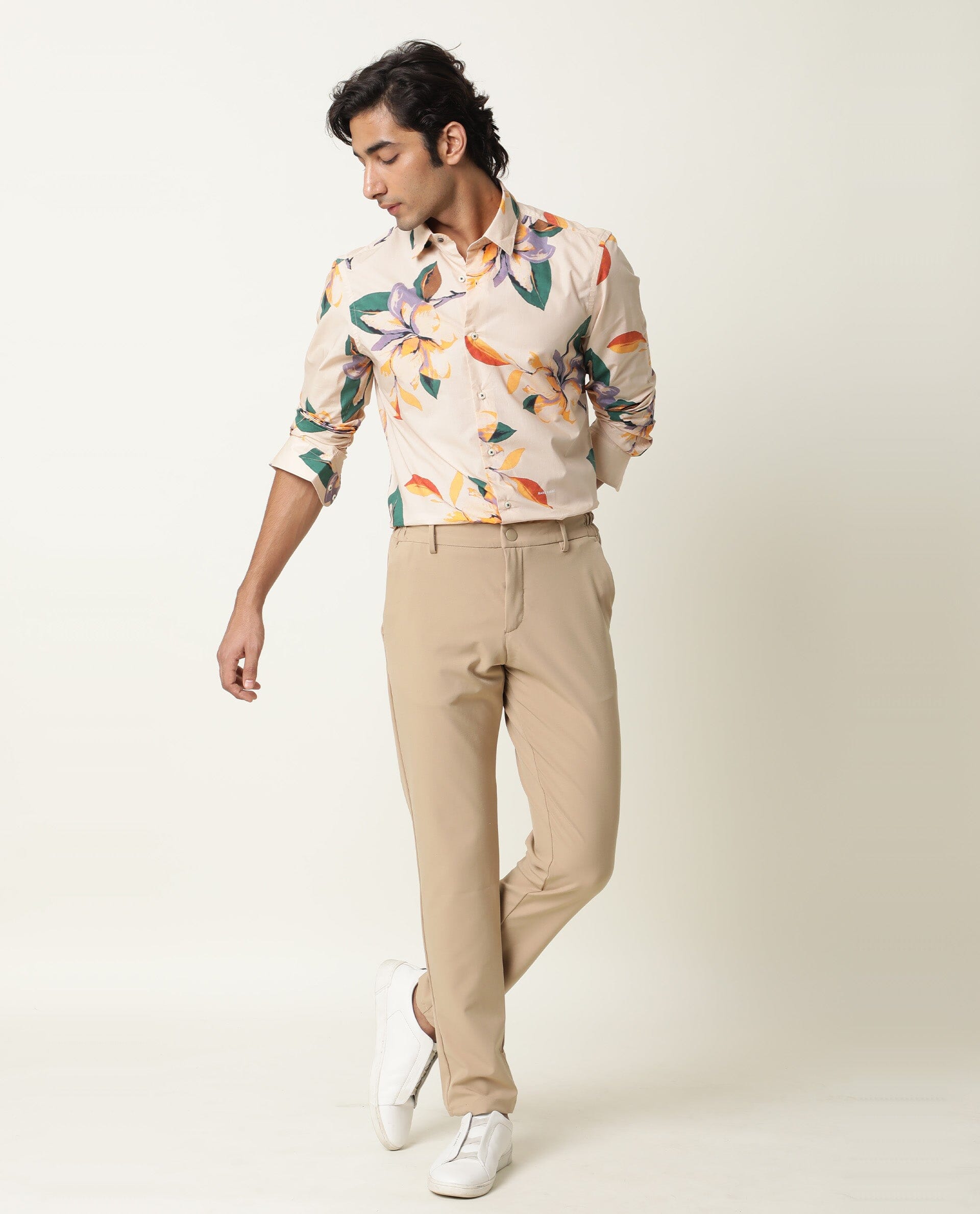 Rare Rabbit Men's Lilium Beige Cotton Floral Print Tailored Fit Full Sleeve Collared Shirt