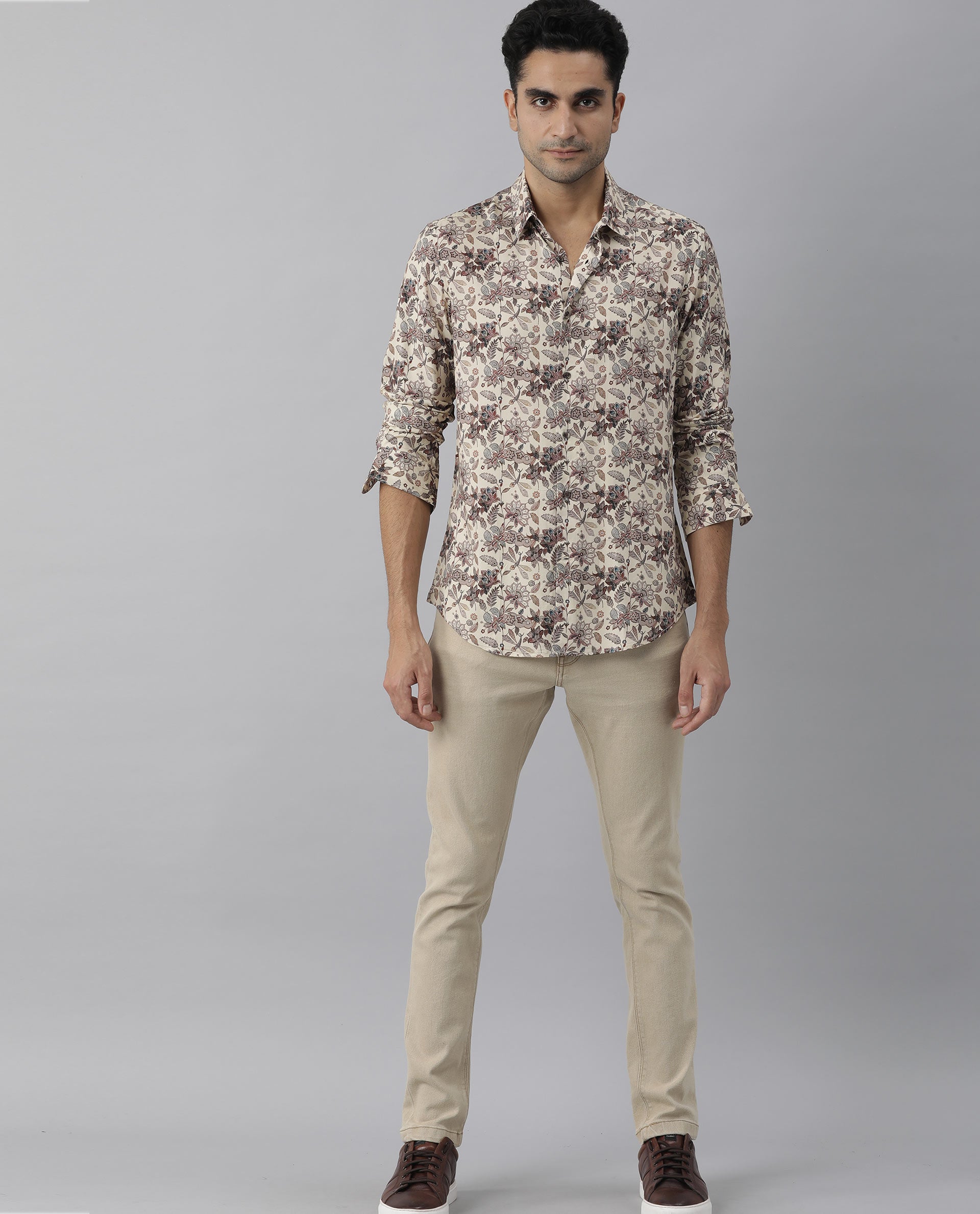 Rare Rabbit Men's Ravell Beige Viscose Floral Print Regular Fit Full Sleeve Collared Shirt