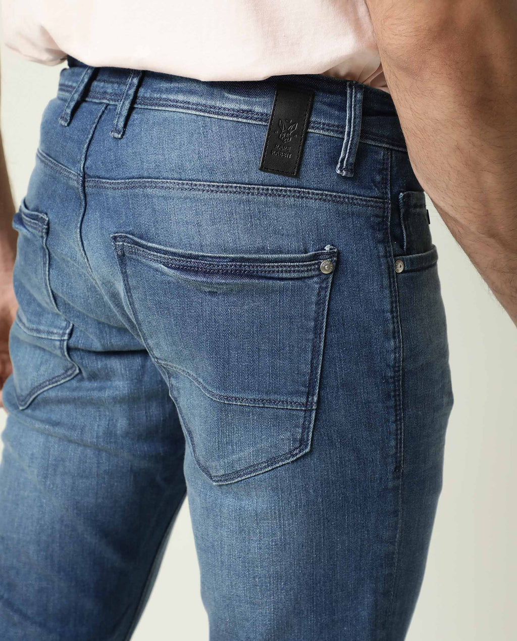 Rare Rabbit Men's Matt-2 Blue Cotton Plain Hawk Slim Fit Jeans