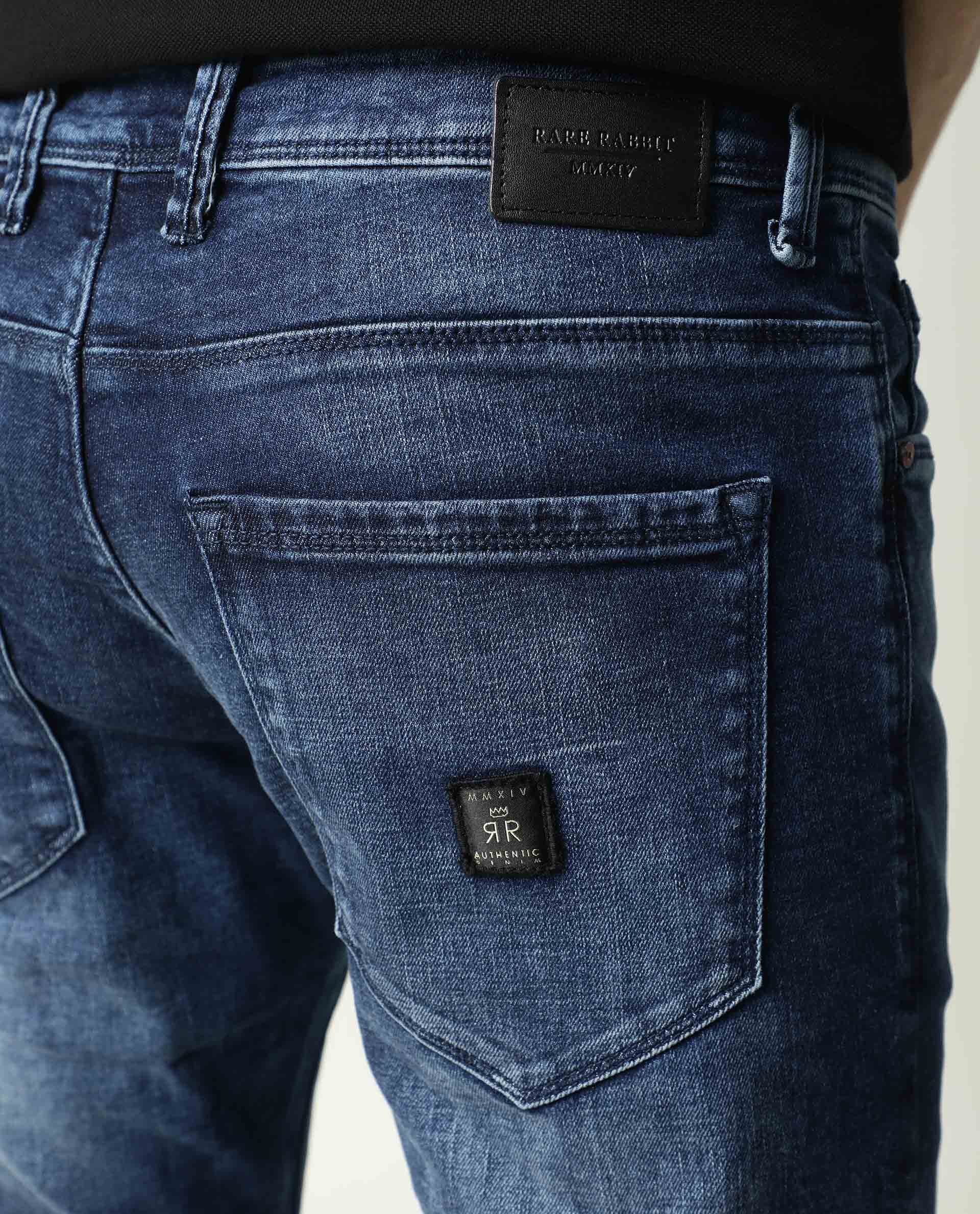 Rare Rabbit Men's Cube Blue Cotton Plain Hawk Slim Fit Jeans