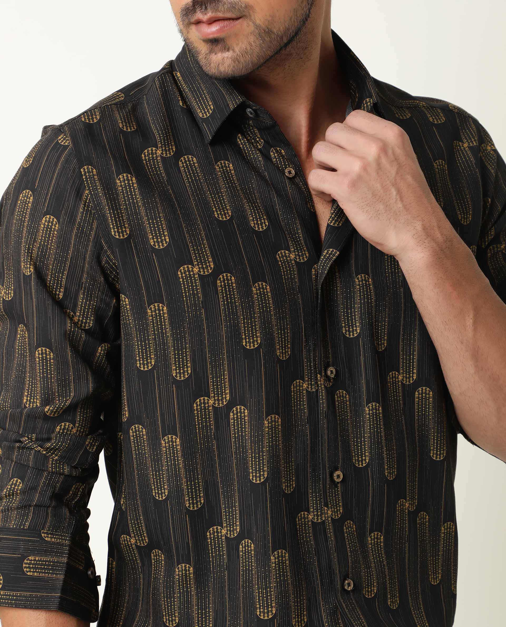Rare Rabbit Men's Marshey Black Cotton Abstract Print Regular Fit Full Sleeve Collared Shirt