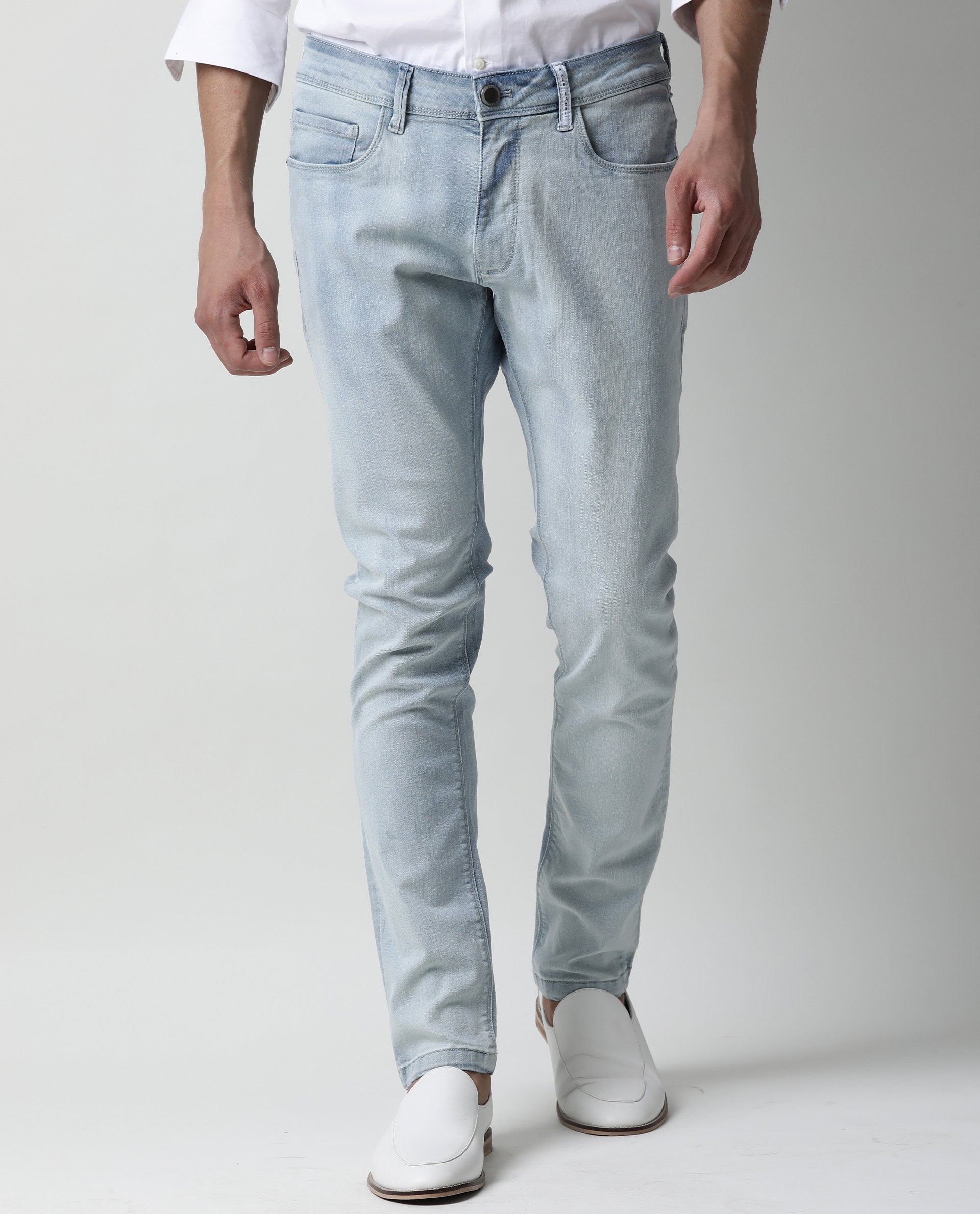 Rare Rabbit Men's Tram Blue Cotton Plain Hawk Slim Fit Jeans