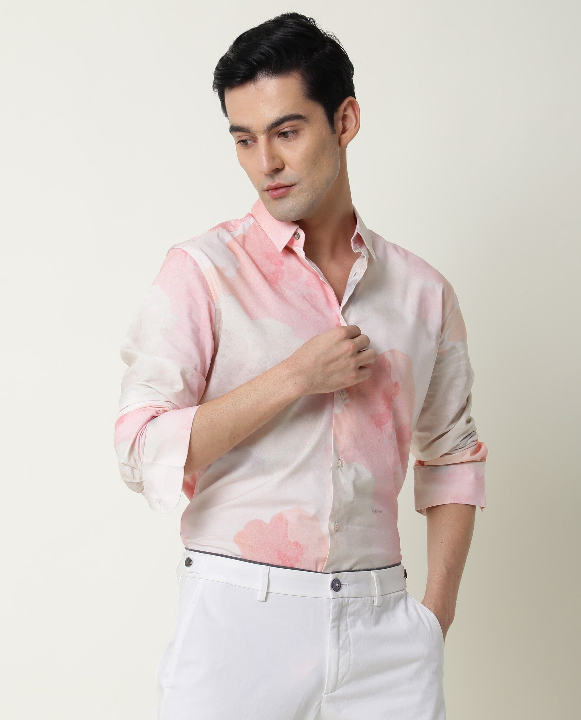 Rare Rabbit Men's Fife Pink Viscose Abstract Print Regular Fit Full Sleeve Collared Shirt
