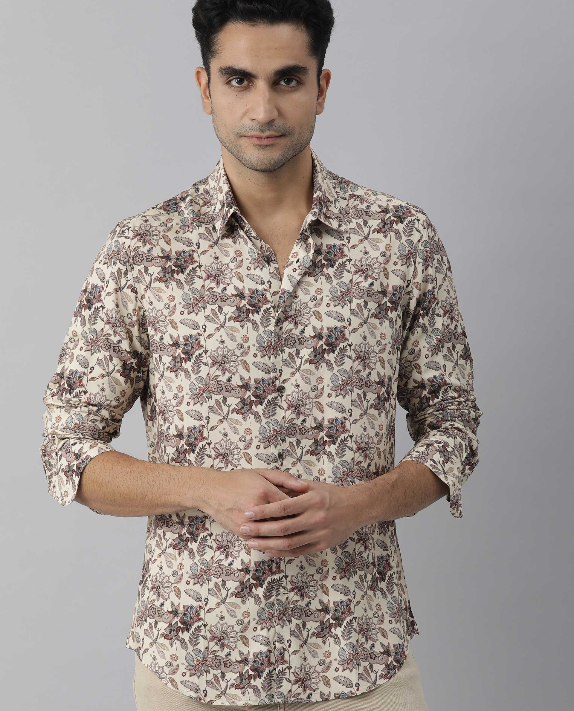 Rare Rabbit Men's Ravell Beige Viscose Floral Print Regular Fit Full Sleeve Collared Shirt