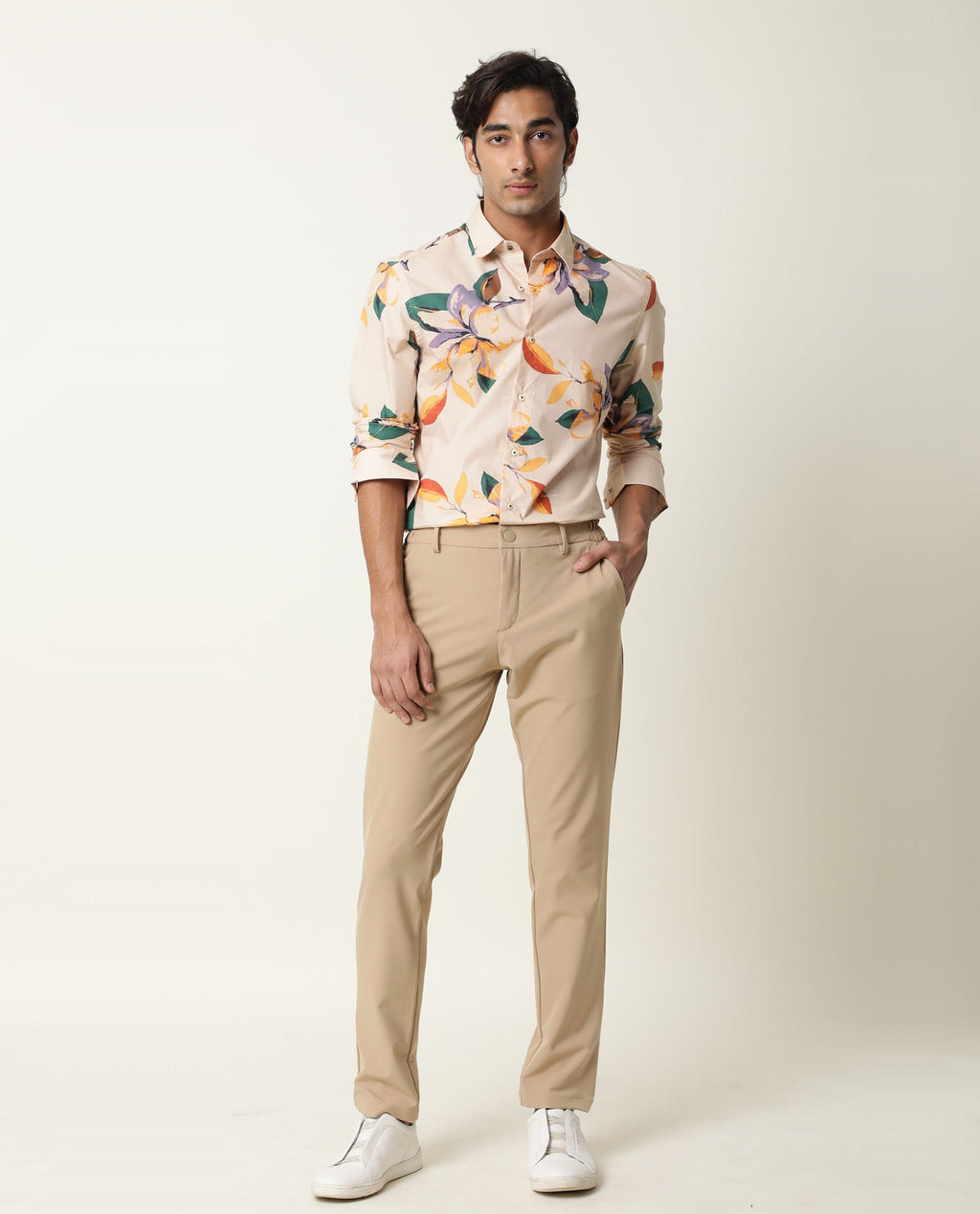 Rare Rabbit Men's Lilium Beige Cotton Floral Print Tailored Fit Full Sleeve Collared Shirt