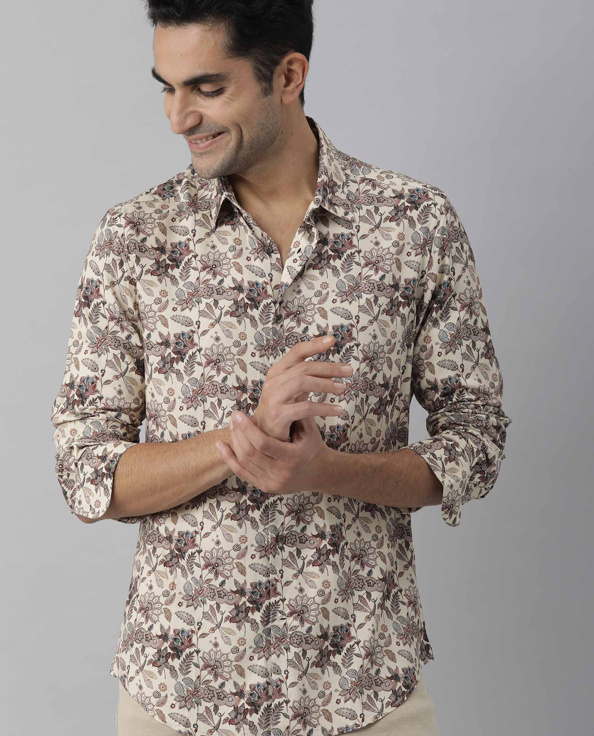 Rare Rabbit Men's Ravell Beige Viscose Floral Print Regular Fit Full Sleeve Collared Shirt