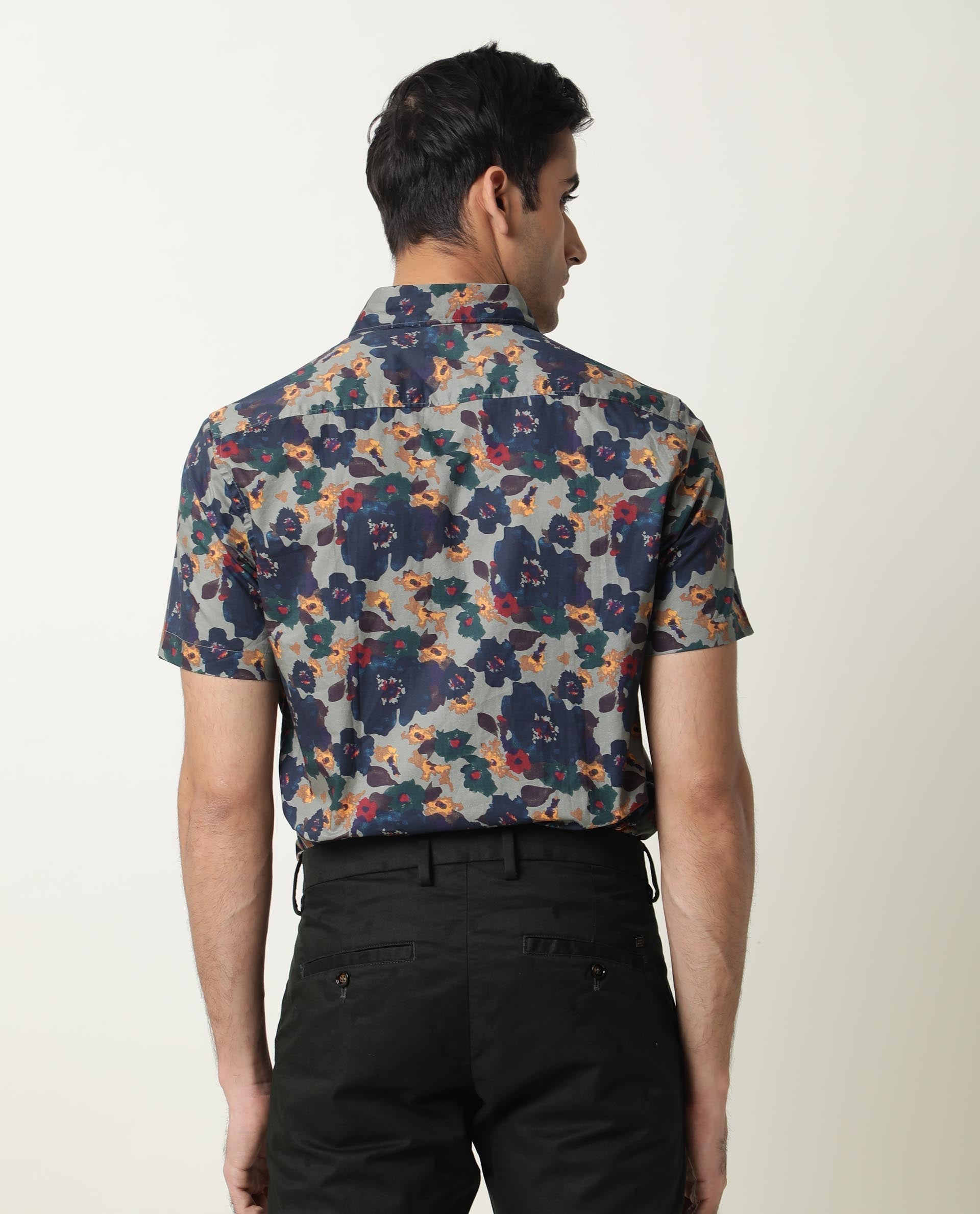 Rare Rabbit Men's Vishh Green Cotton Floral Print Regular Fit Half Sleeve Collared Shirt