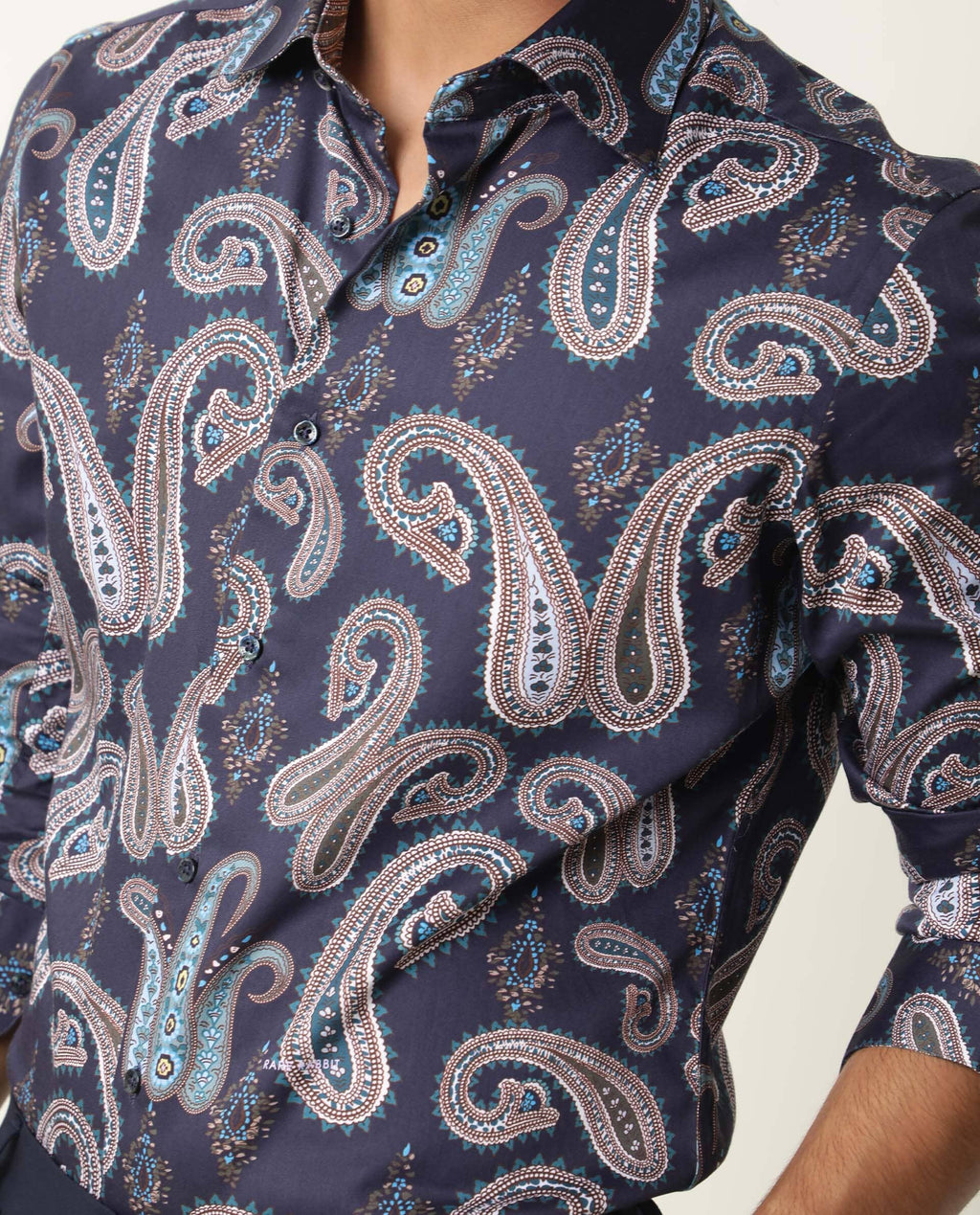 Rare Rabbit Men's Pazzo Navy Cotton Paisley Print Tailored Fit Full Sleeve Spread Collar Shirt