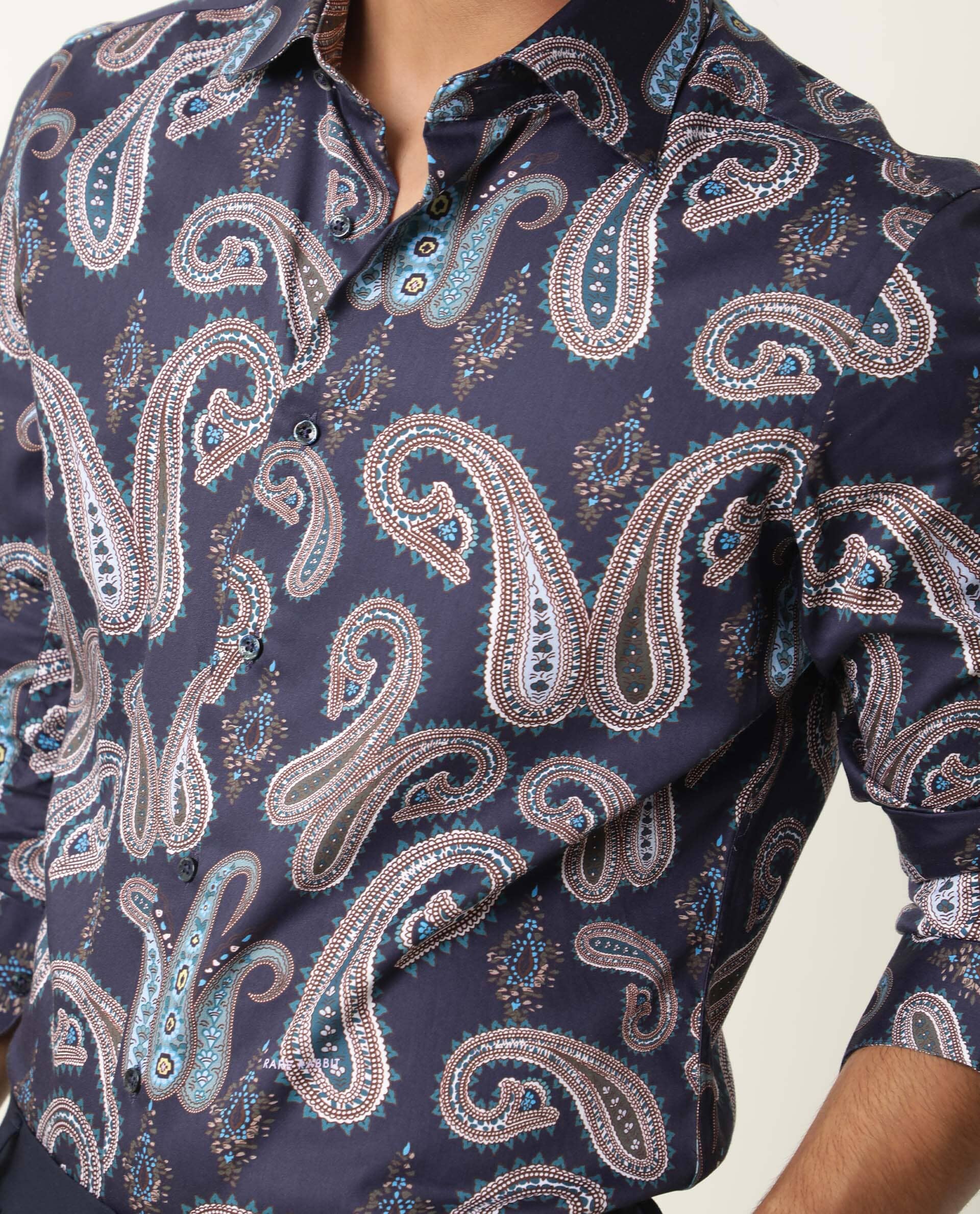 Rare Rabbit Men's Pazzo Navy Cotton Paisley Print Tailored Fit Full Sleeve Spread Collar Shirt