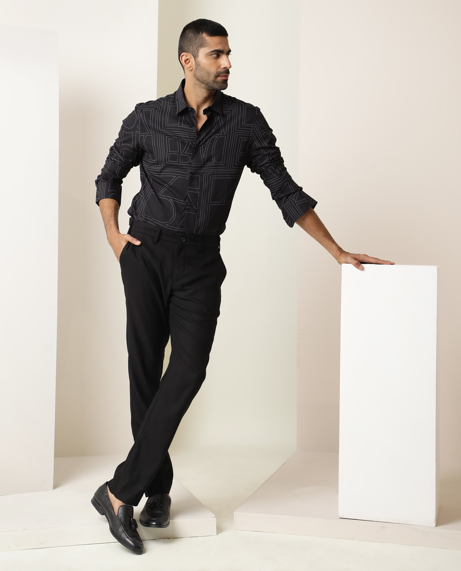 Rare Rabbit Men's Malfor Black Viscose Statement Print Regular Fit Full Sleeve Collared Shirt