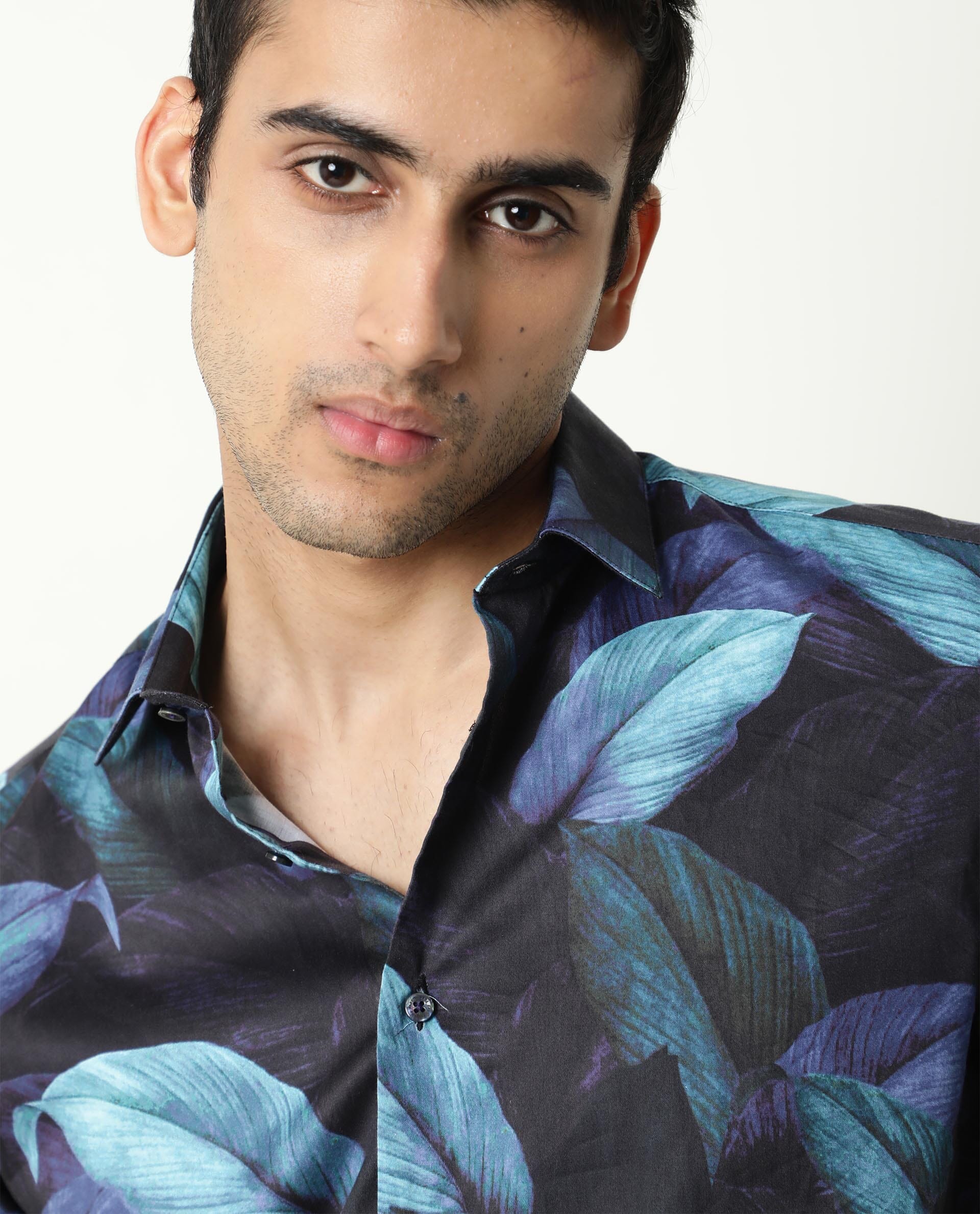Rare Rabbit Men's Grower Navy Viscose Tropical Print Regular Fit Half Sleeve Spread Collar Shirt