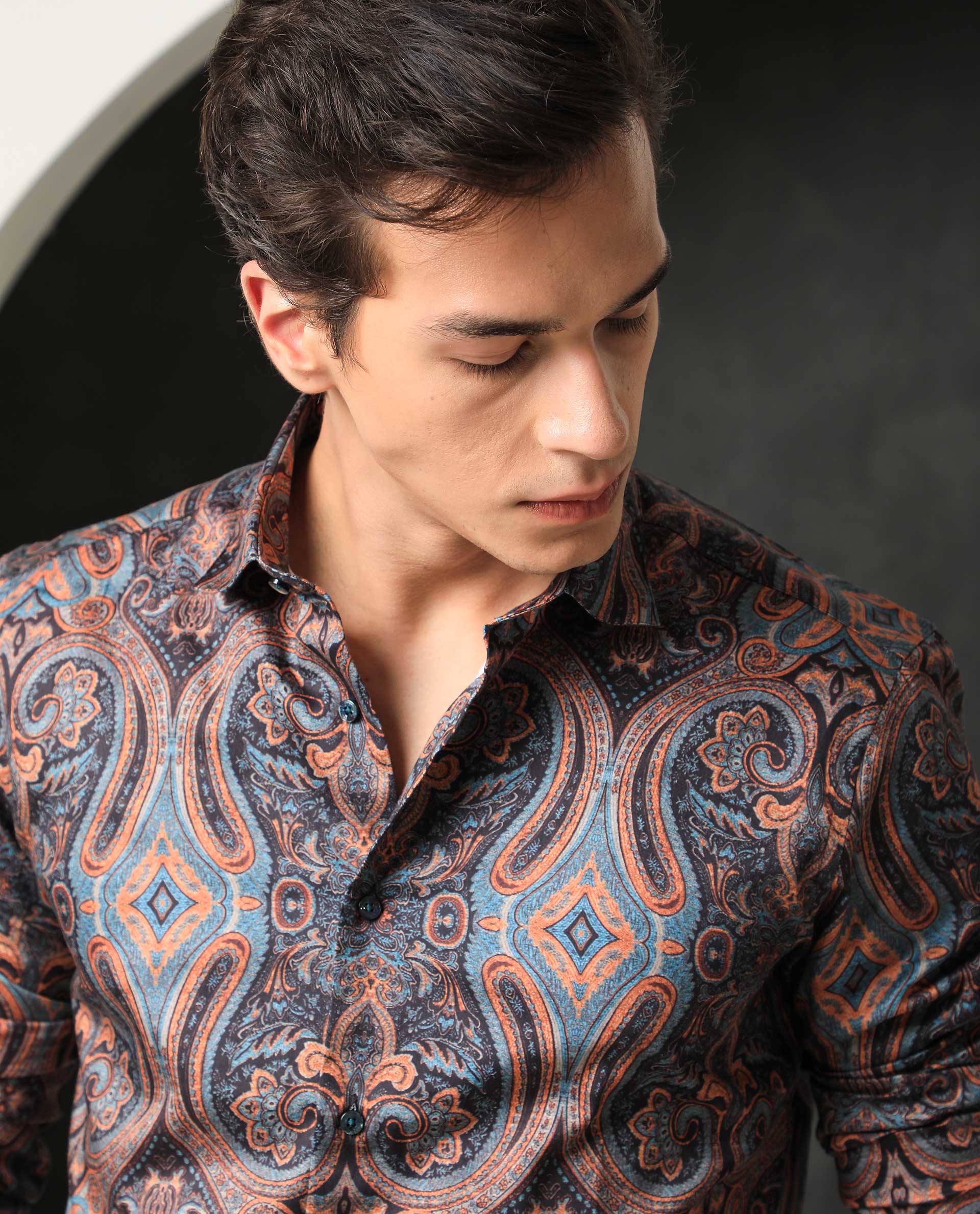 Rare Rabbit Men's Merger Navy Cotton Paisley Print Regular Fit Full Sleeve Collared Shirt