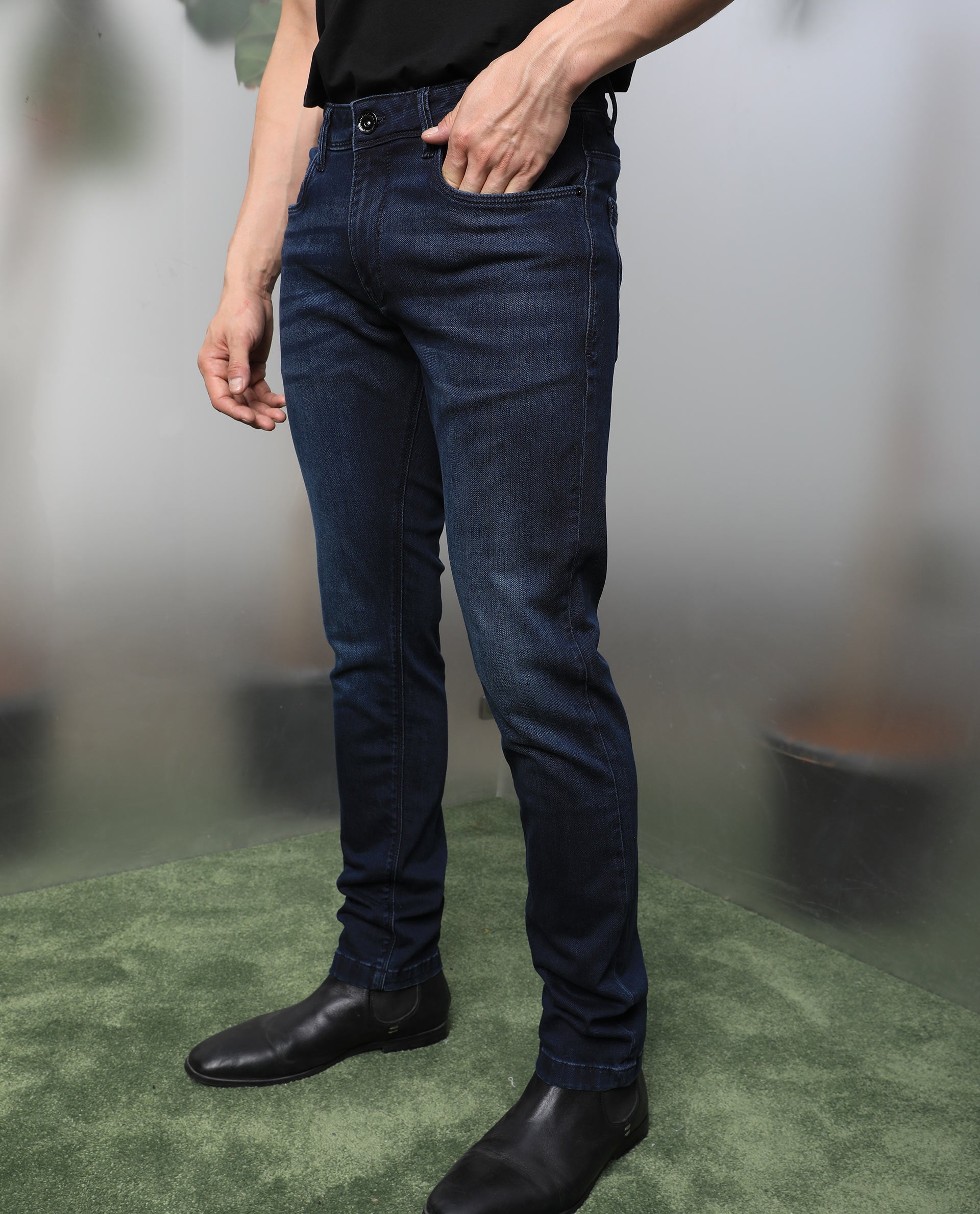 Rare Rabbit Men's Chevillon Dark Navy Cotton Plain Hawk Slim Fit Jeans