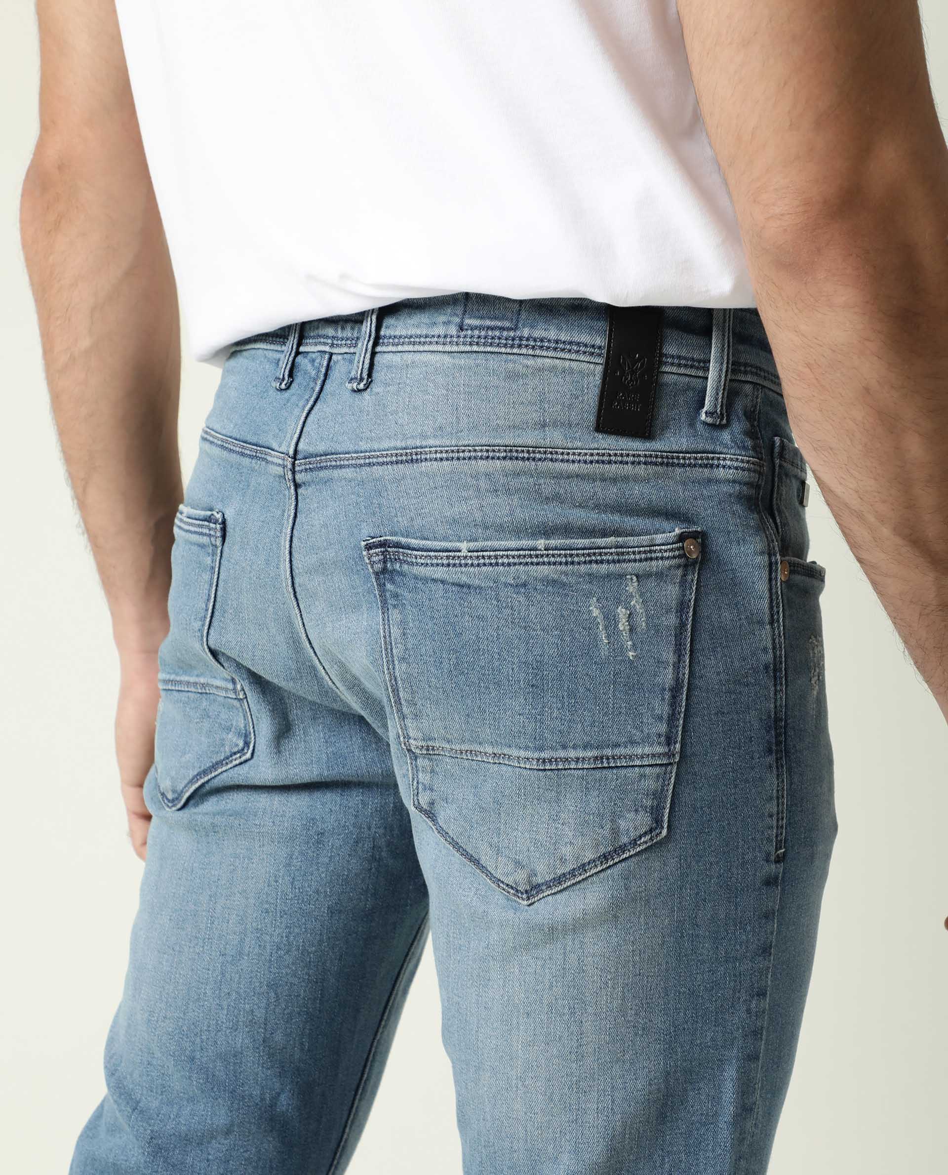 Rare Rabbit Men's Rug-2 Light Blue Cotton Plain Hawk Slim Fit Jeans